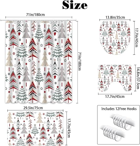 Miniatura 4 de MEHOFOND Juego de 4 cortinas de ducha de árbol de Navidad, juego de cortinas de ducha de Navidad con cortina de ducha y alfombras, cubierta de tapa