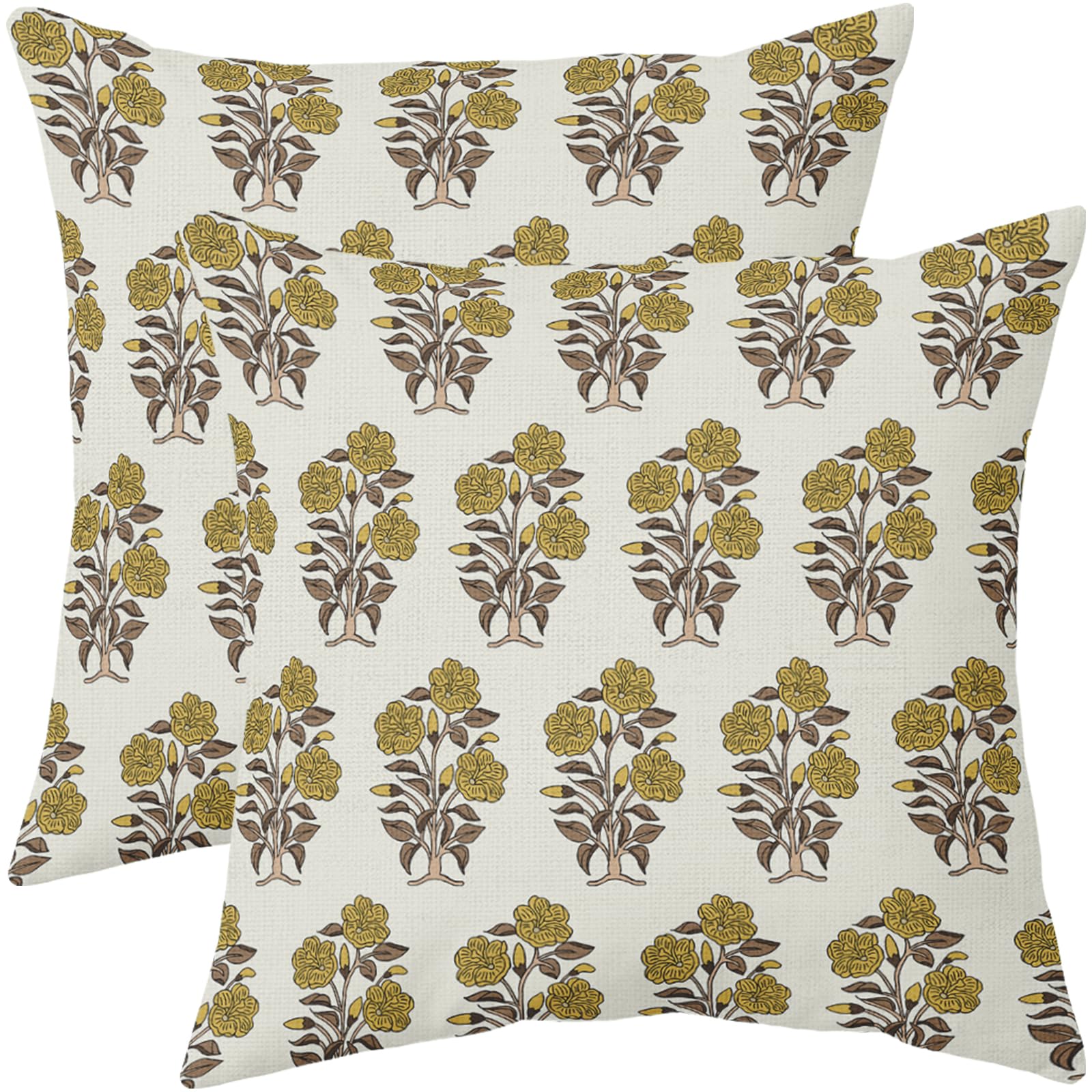 Brown Yellow Floral Block Print Pillow Covers 20x20 Set of 2 Fall Colored Flower Leaves Outdoor Decorative Throw Pillows Farmhouse Pillowcases Linen