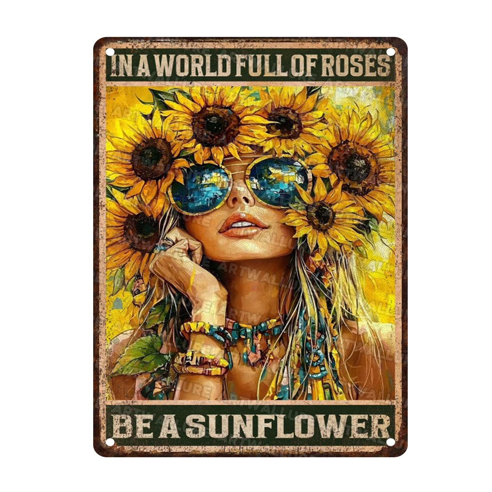 Sunflower Vintage Sign In A World Full Of Roses Be A Sunflower Metal Sign for Women Home Office Living Room Bedroom Garden Yards Wall Decoration 12x16inch