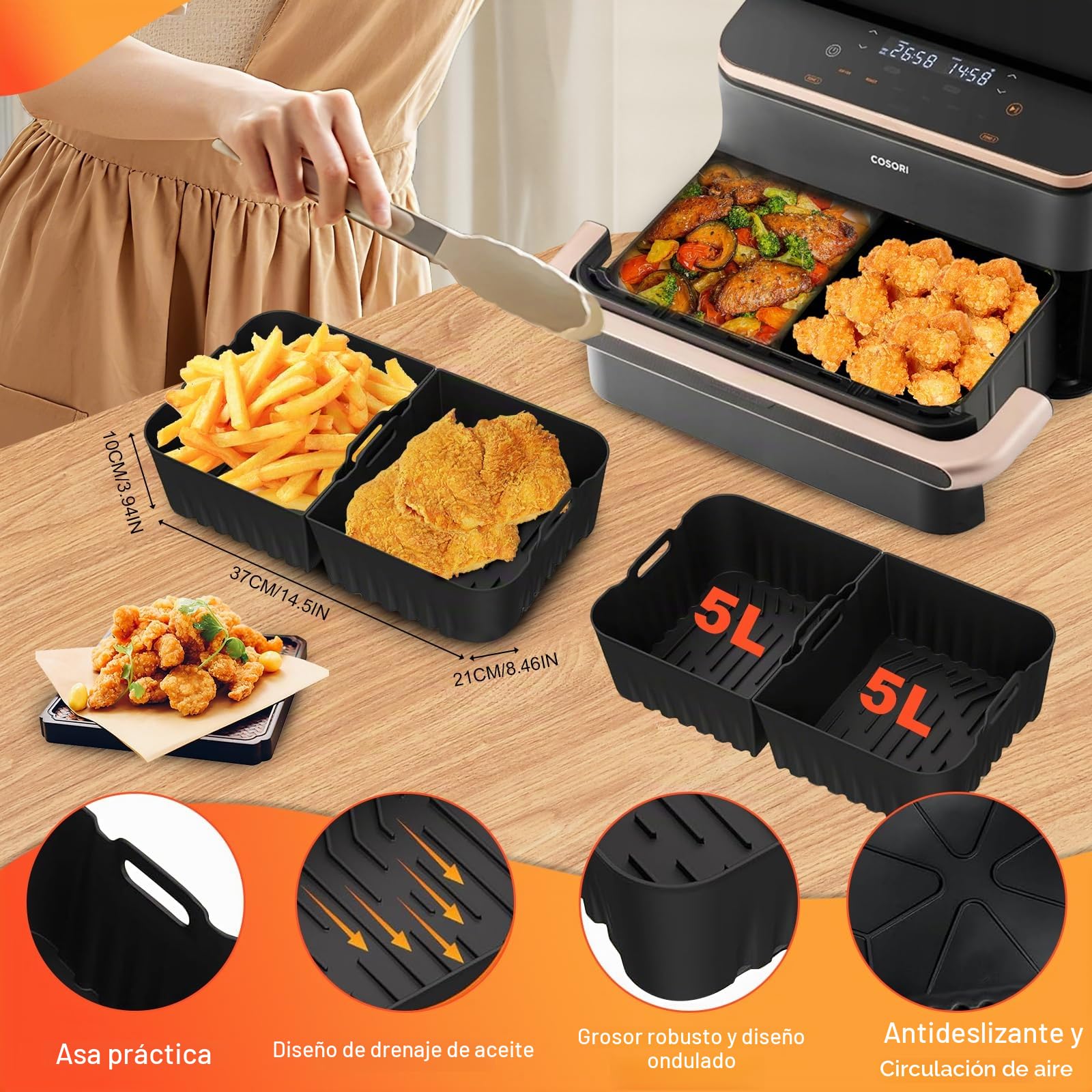 Accesorio para freidora de aire caliente Cosori Dual Blaze Twinfry XXL 10 L, accesorio de silicona para airfryer (1 x 10 l y 2 x 5 L), compatible con Ninja Foodi Flexdrawer 10,4 L freidora de aire