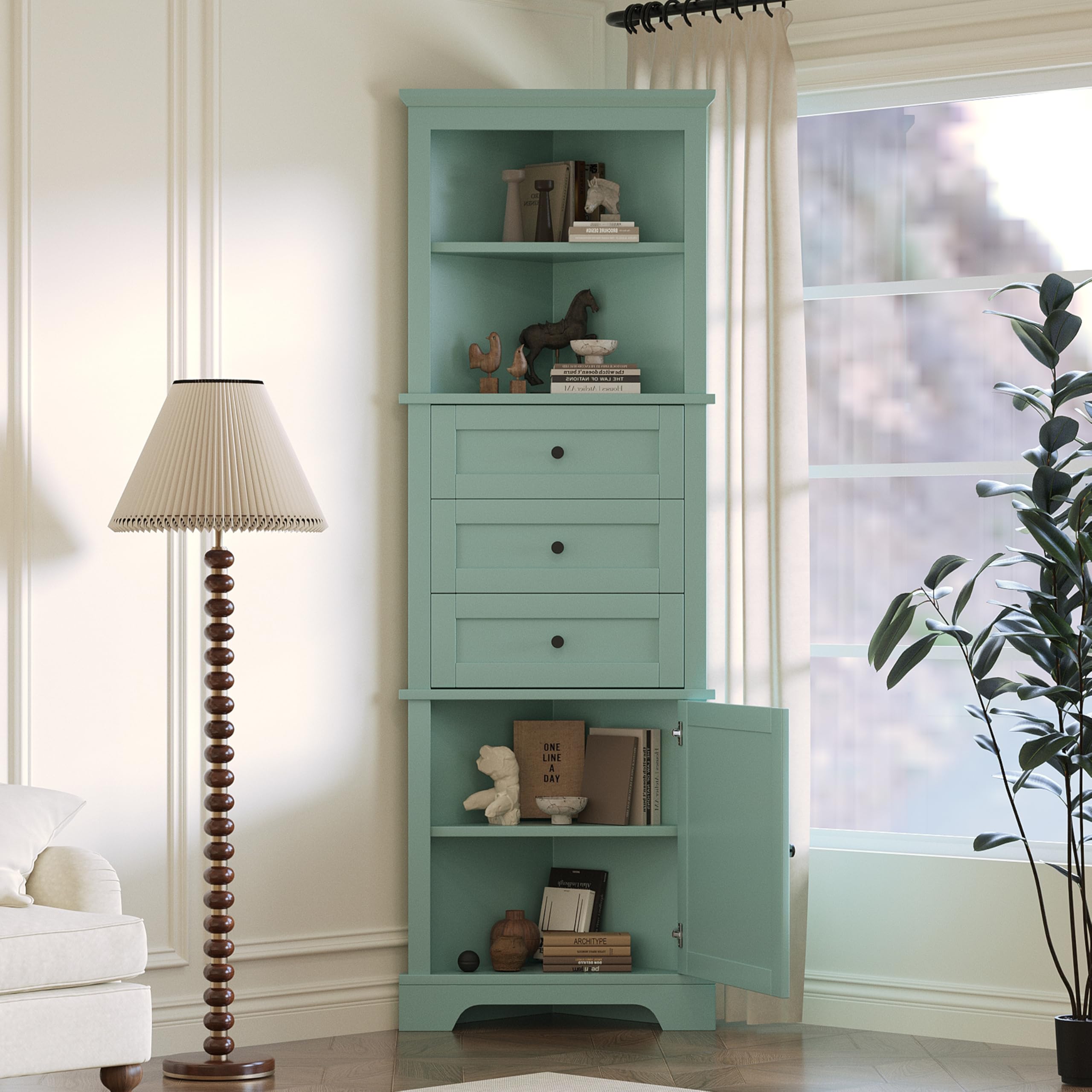 Corner Cabinet with Drawers and Door, Adjustable Shelf, Freestanding Storage Cabinet for Bathroom, Living Room or Kitchen, Green