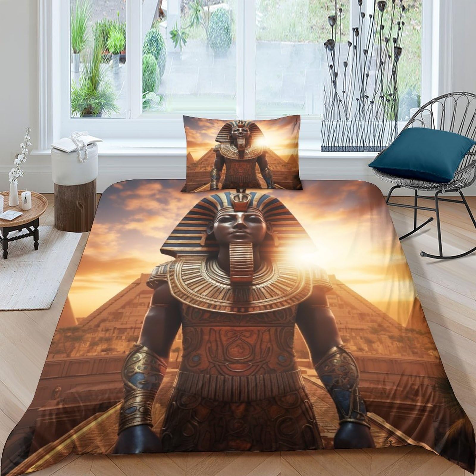 GEEYOU Ancient Egypt Duvet Cover Set Soft Microfiber Bedding Set Breathable Pharaoh Quilt Cover with Hidden Zipper Closure And Comforter Cover Sheet Pillowcase Single（135x200cm）