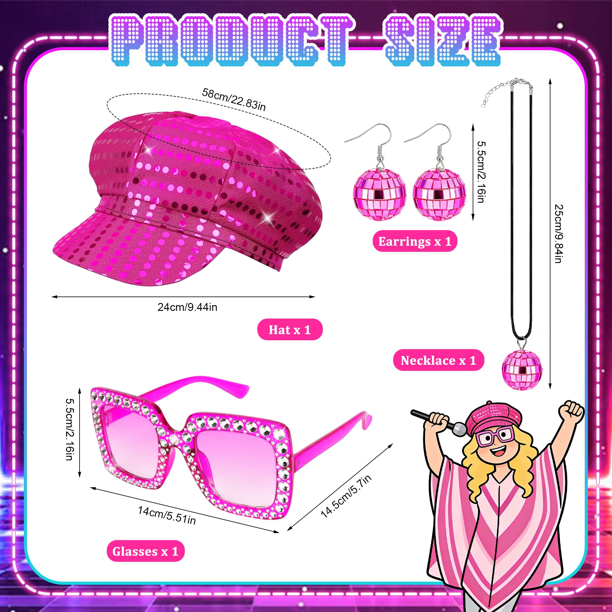 Bryndo 5 Pcs 70s Fancy Dress Set for Women Disco Costume Accessories with Abba Pop Poncho Sequin Beret Hat Square Bling Sunglasses Earrings Necklace for 70s Theme Party Dress Up (Pink) - Image 4