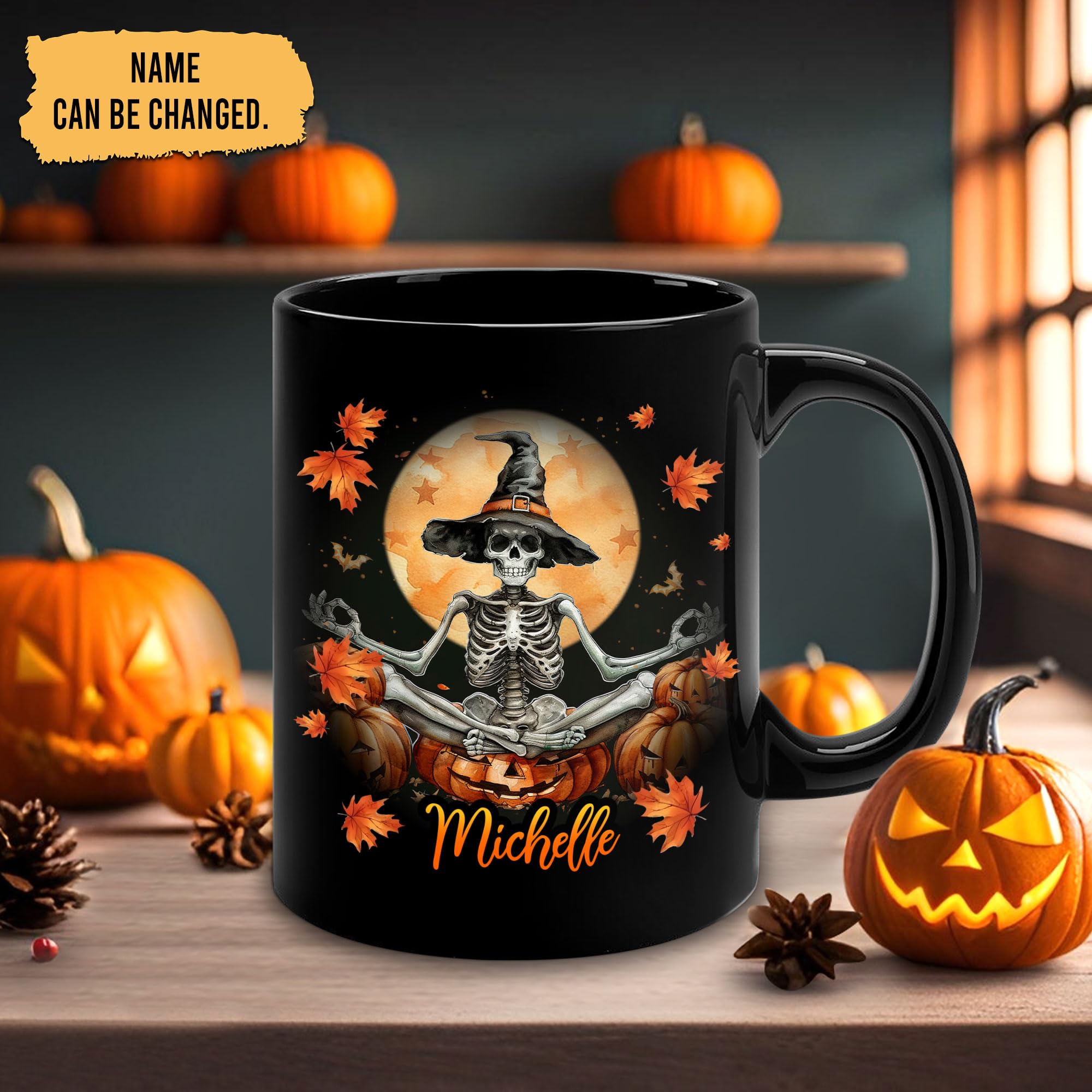 Hyturtle Personalized Halloween Skull Mug - Skeleton Gift For Women Lover - Gothic Skull Lover Gift For Her - Spooky Season Skeleton Decor For Fall Halloween - Coffee Name Cup Ceramic Mug 11 oz 15 oz
