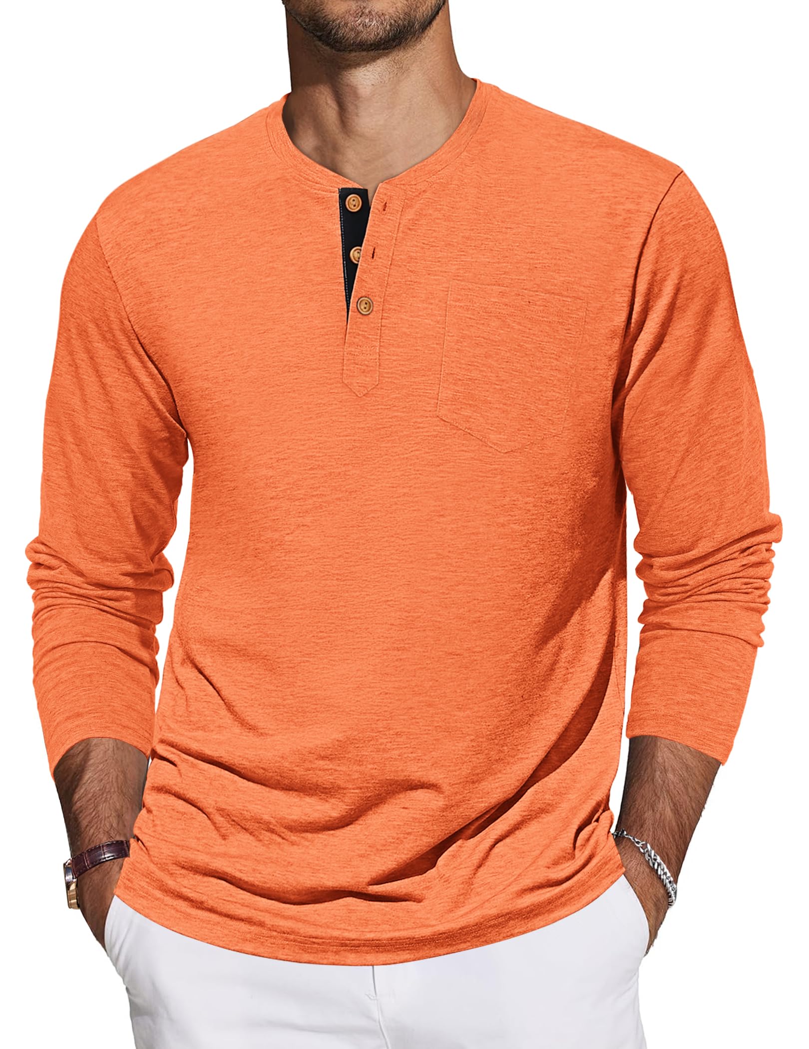 TARAINYA Henley T-Shirts Herren Baumwolle Langarmshirt Einfarbig Basic Tee Longslevee mit Tasche Orange XXL