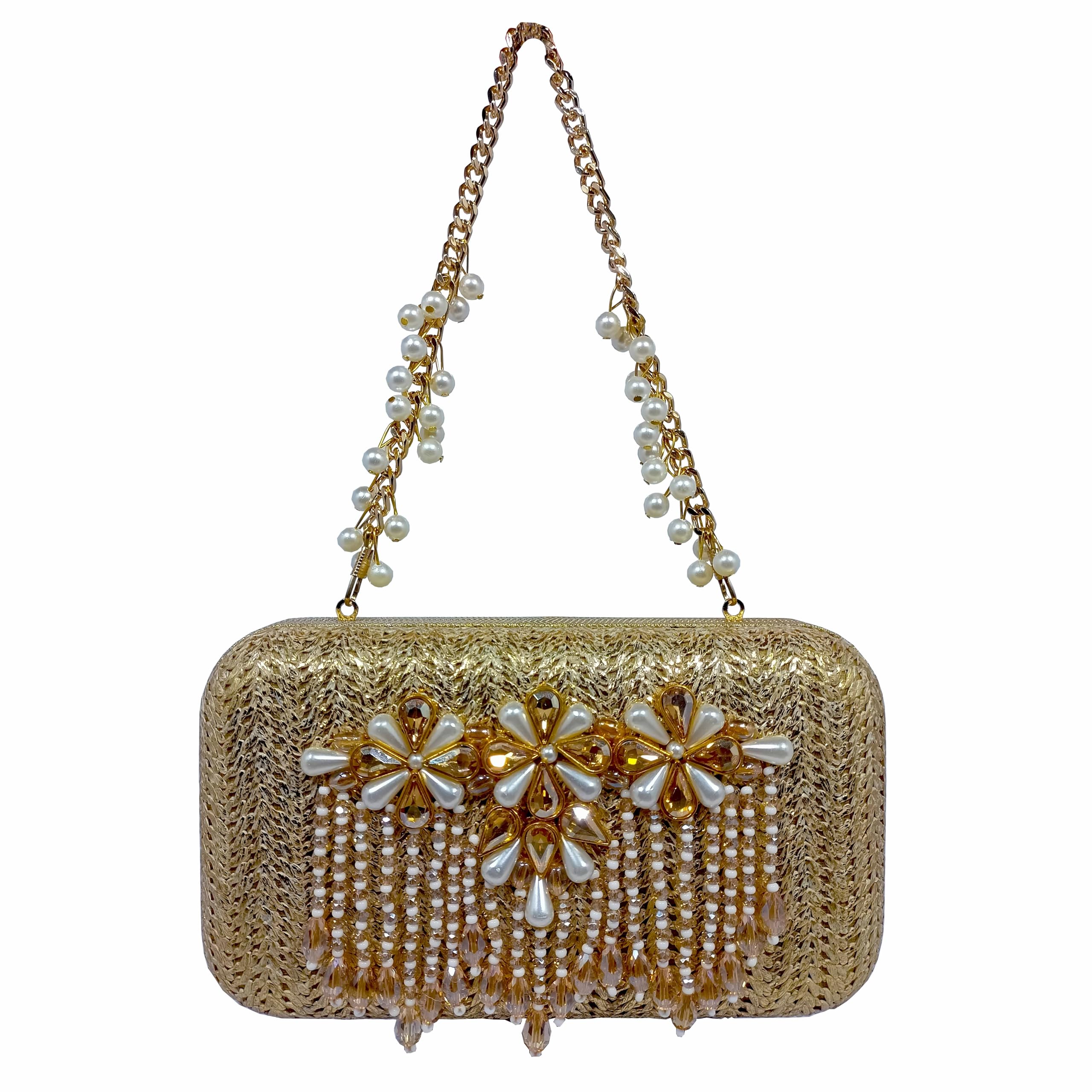 HR LEATHER Gold 8" Handmade Raffia Box Clutch for Women for Wedding, engagement and parties