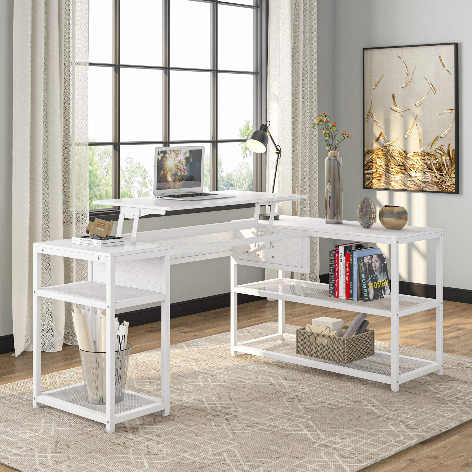 Buy Tribesigns Lift Top LShaped Desk, White Height Adjustable Corner