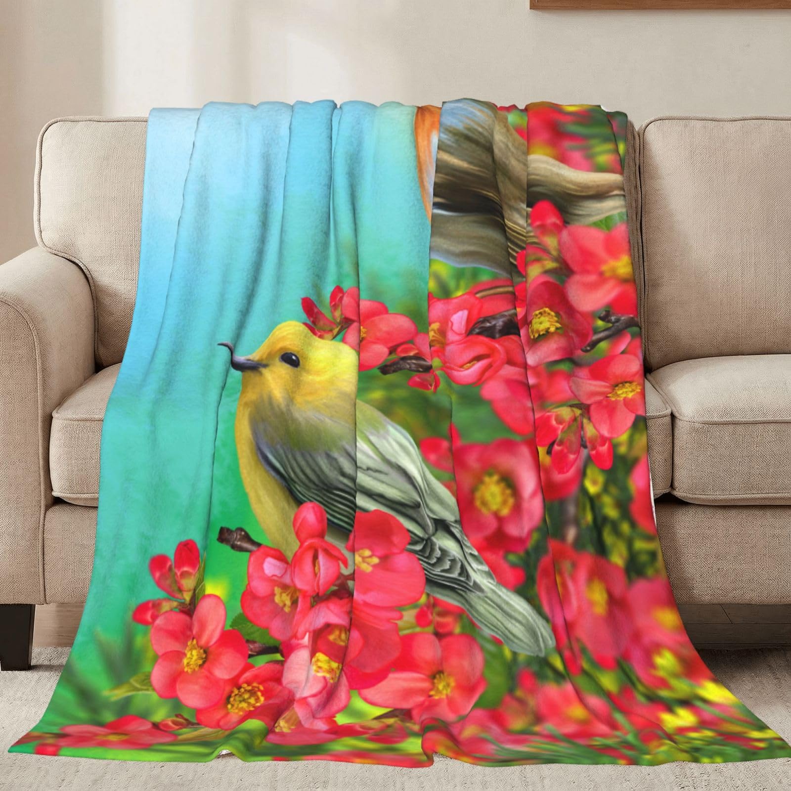 Jbofyee Spring Birds Blooming Flowers Throw Blankets All Season Ultra Soft Warm Fleece Blanket for Home Bed Sofa Couch Chair Outdoor Travel Camping 50x40 Inch