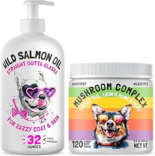 Wild Alaskan Salmon Oil for Dogs & Cats 32 oz and Mushroom Complex Treats for Dogs with Reishi Shiitake and Turkey Tail Mushrooms for Cognition and Immune Boosting Supports 120 Chews