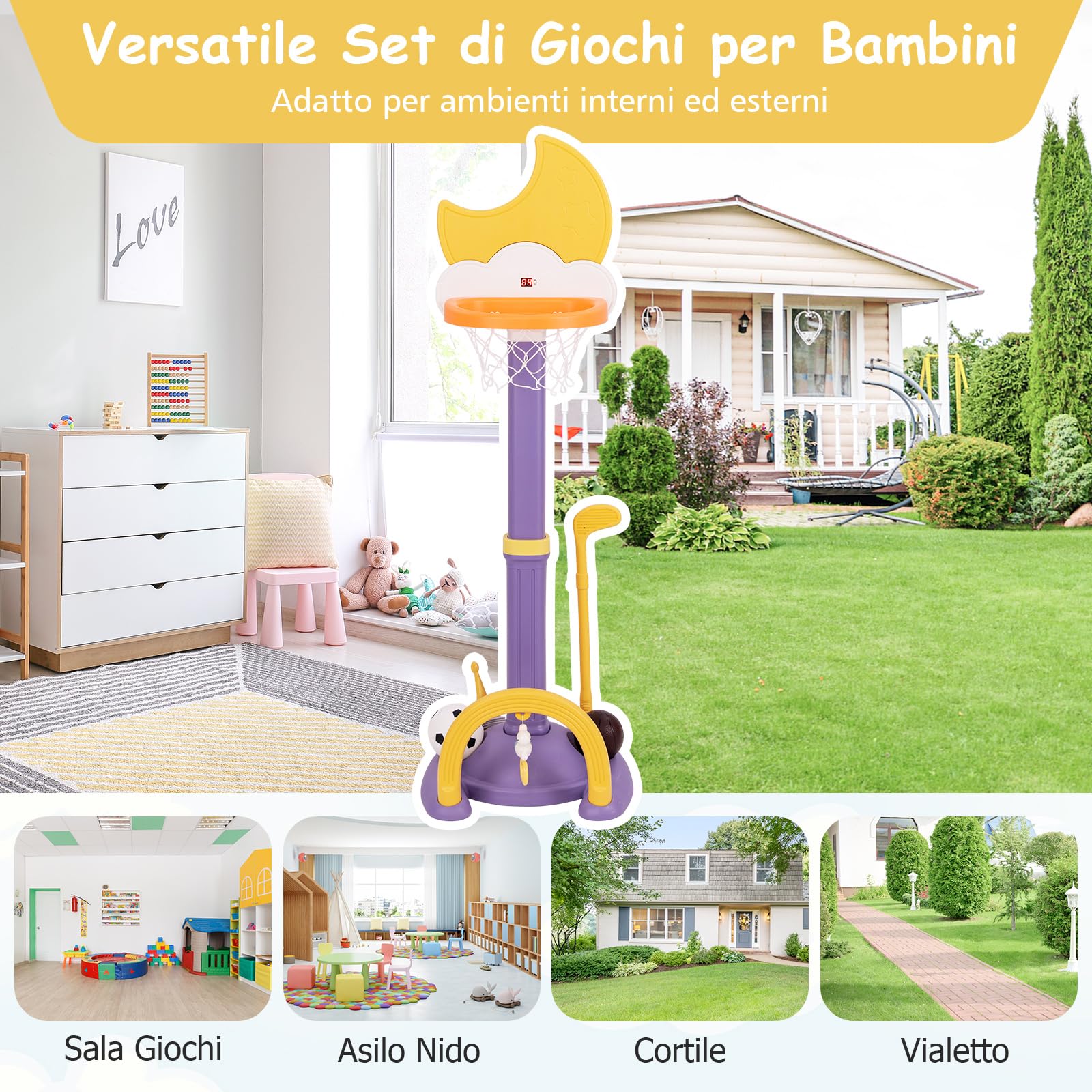 COSTWAY 4 in 1 Canestro da Basket per Bambini, Centro di Attività Sportiva Regolabile con Basket Calcio Golf e Gioco del Lancio dell'Anello, per Interno ed Esterno, 3 Anni+ (Giallo)