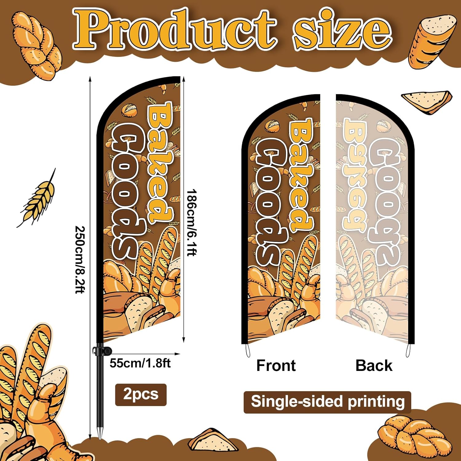 Remagr 2 Pcak 8.2 Feet Baked Goods Feather Flag Pole Kit, Bakery Advertising Flags for Outside Bread Swooper Feather Banner with Pole Kit and Ground Stake for Baking Shop Outdoor Advertising