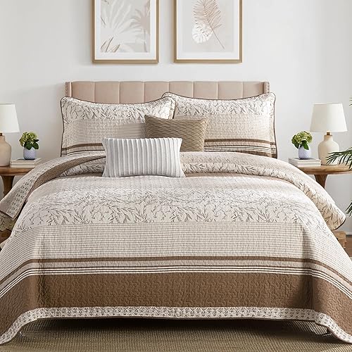 Miniatura 10 de Colcha tamaño King – Juego de edredón gris y blanco con fundas a juego, colcha de diseño floral vintage, colcha de 3 piezas 100% algodón, ligera