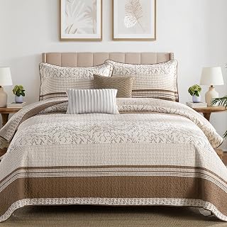 Quilt Queen Size - Brown White Quilt Set with Matching Shams, Vintage Floral Design Farmhouse Bedding Bedspread, 3 Pieces 100% Cotton Lightweight Coverlet Home Decor for All Season