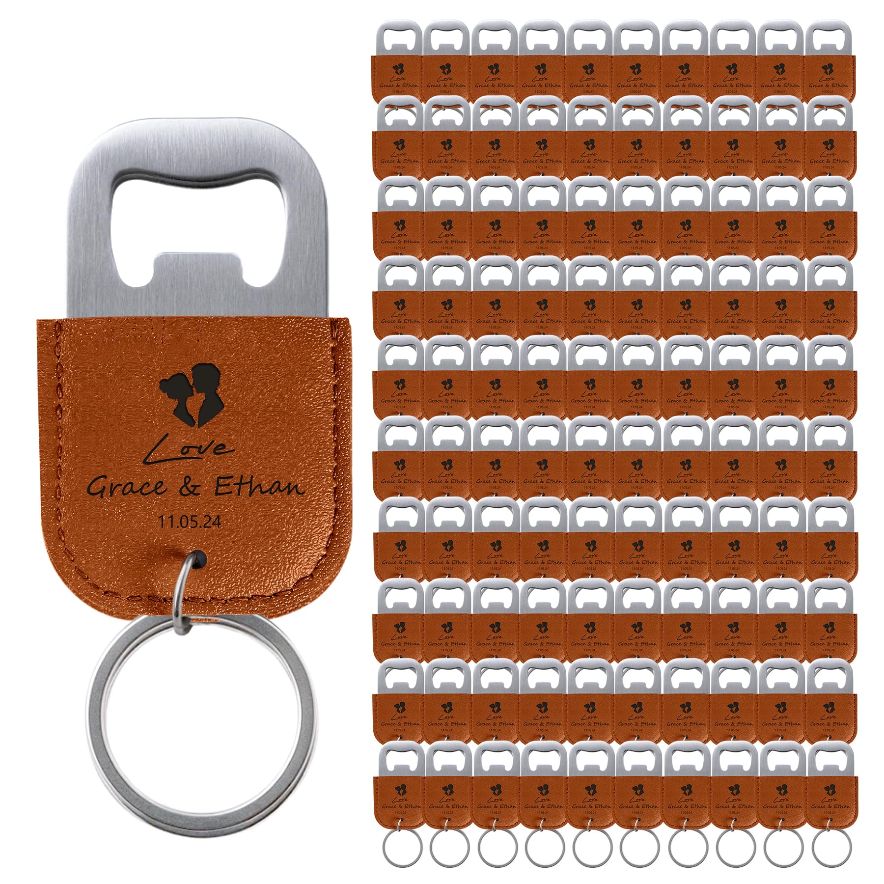 100 Pcs Décapsuleurs Personnalisés pour Cadeaux de Mariage, Ouvre Bouteille en Cuir, Porte-Clés Personnalisé, Logo de Texte Gravé, Orange