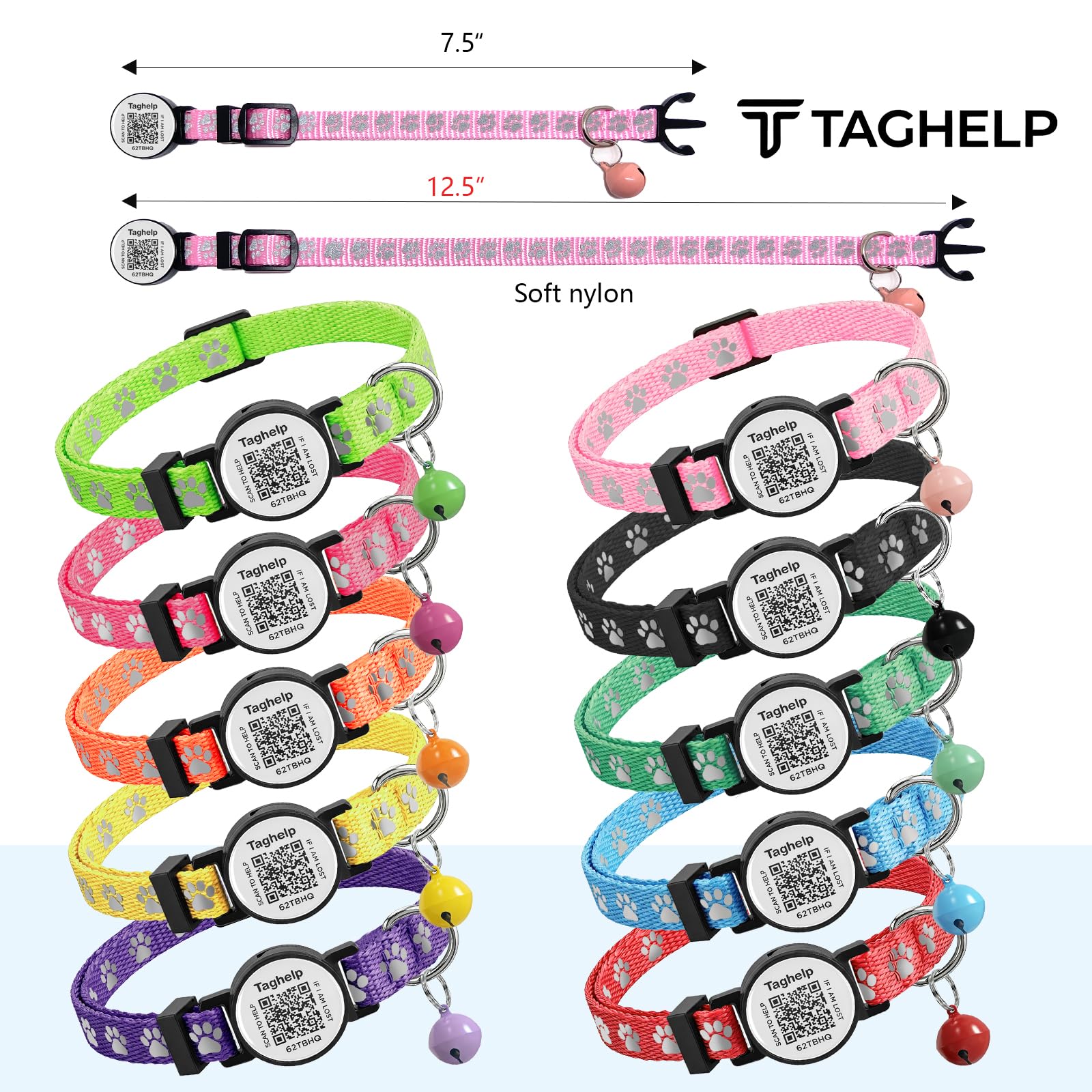 Paquete de 6 collares para gatos con hebilla de seguridad separable y etiqueta de identificación inteligente con código QR, collares de gatito ultra suaves y ajustables para gatos, bonito diseño de
