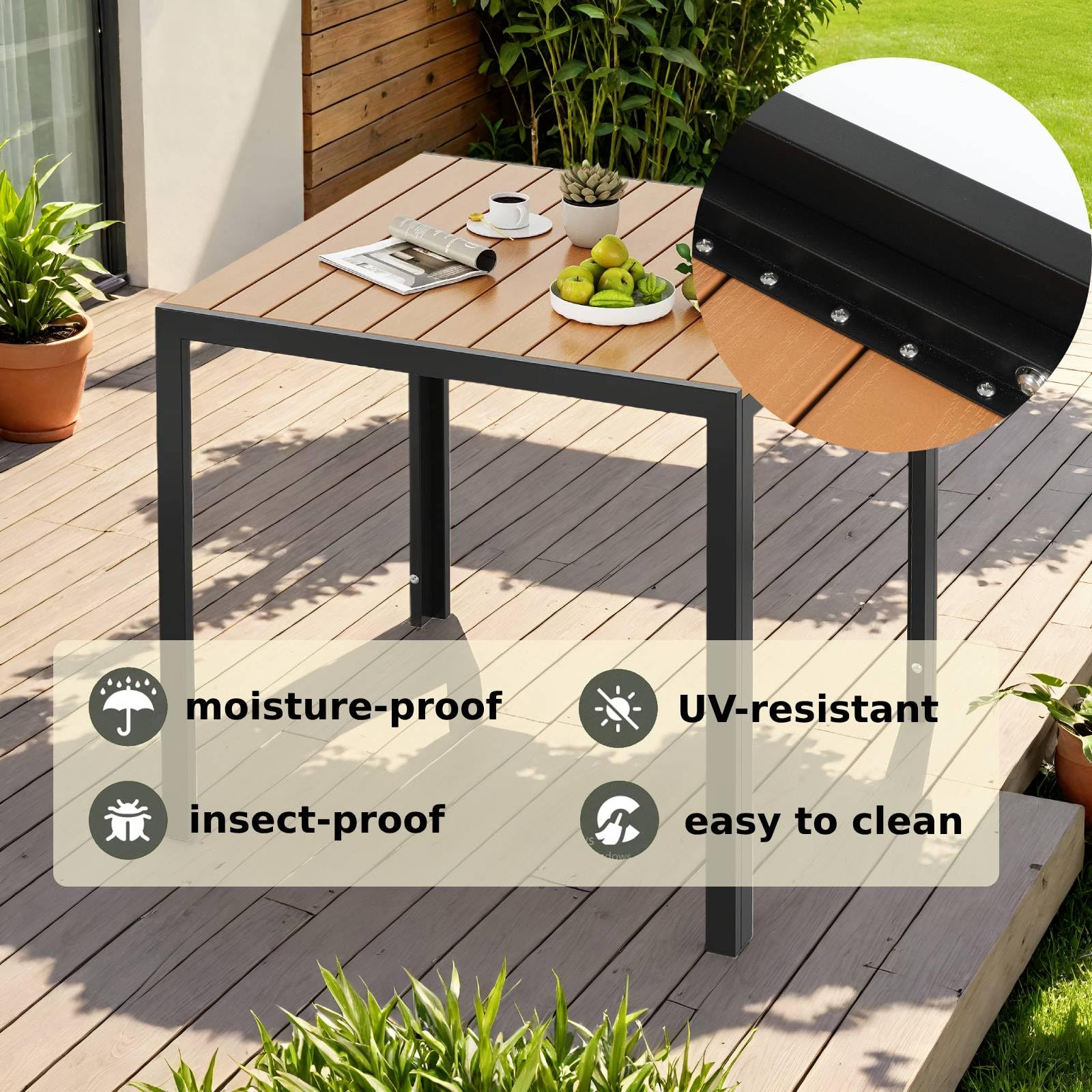 Clevich Tavolo da giardino resistente alle intemperie, 75 x 75 cm, quadrato in alluminio con piano in WPC, tavolo da pranzo per balcone e terrazza, facile da pulire e durevole, nero e teak