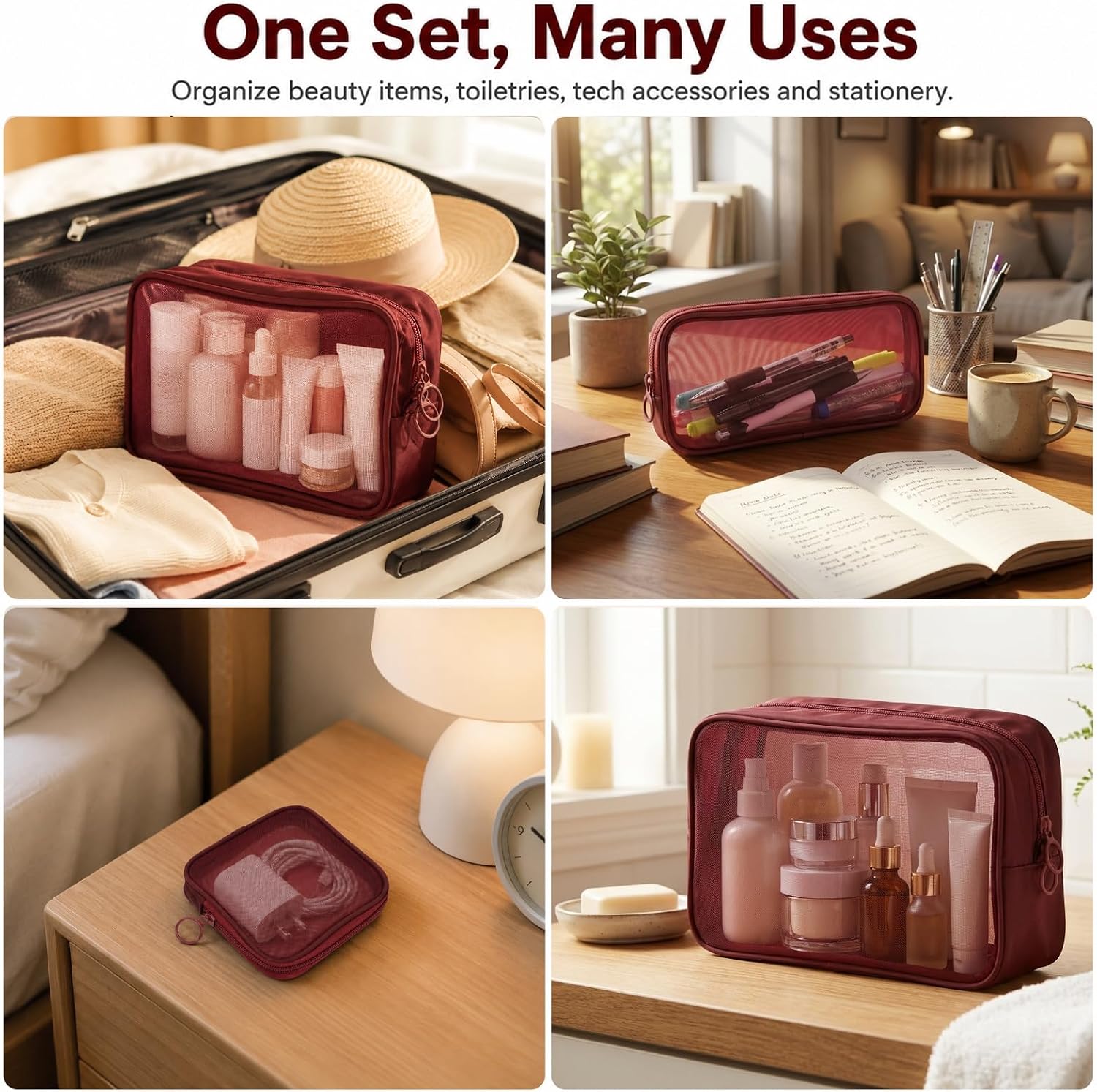 4 Pack Mesh Makeup Bag, Large/Medium/Small Zipper Pouches