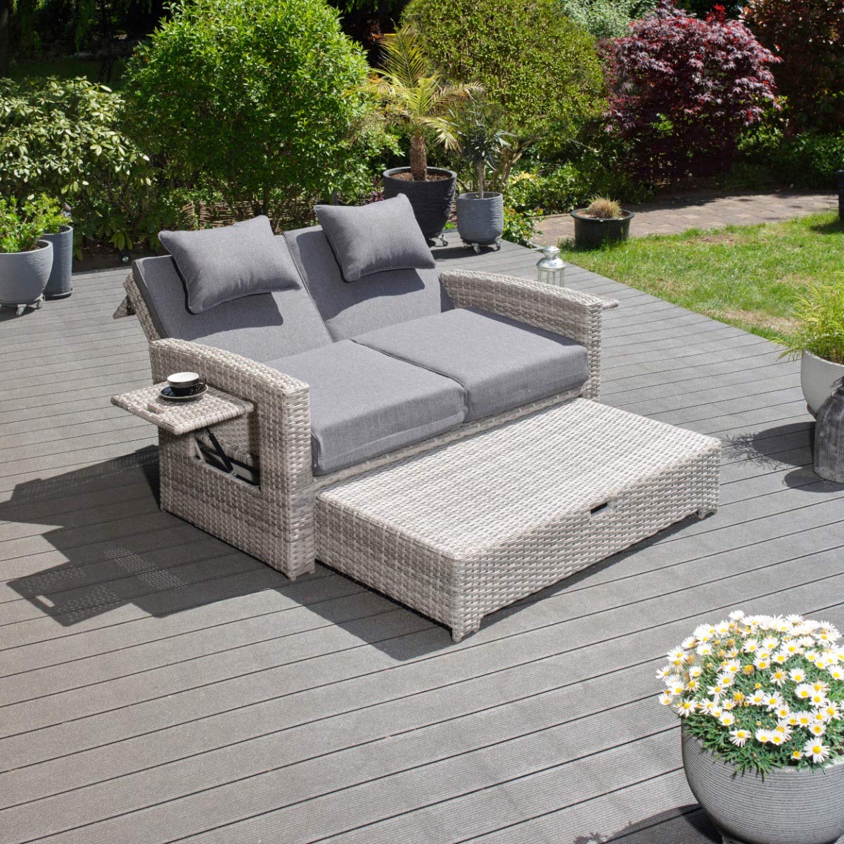 Green Spirit - Garten Multifunktions-Sofa Sunny - Hellgrau, Poly-Rattan, Wetterfest, kann in wenigen Augenblicken von einem Garten-Sofa/Garten-Bank zum Garten-Bett/Garten-Liege umgeklappt Werden