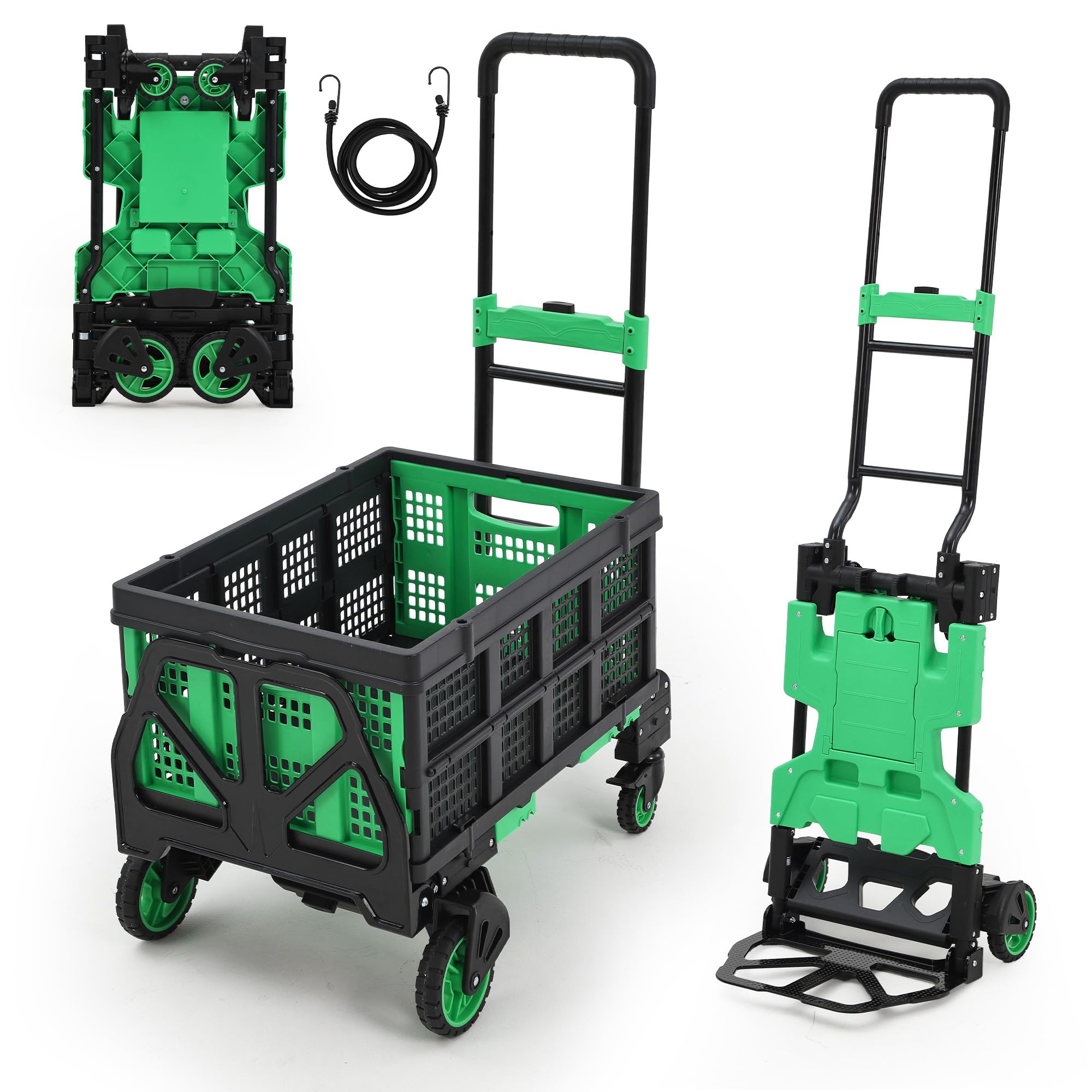 Garvee Carretilla de mano plegable 2 en 1, capacidad de carga de 150 kg con 2 cuerdas elásticas, carrito de plataforma de metal resistente con mango telescópico, carrito de mano portátil para almacén