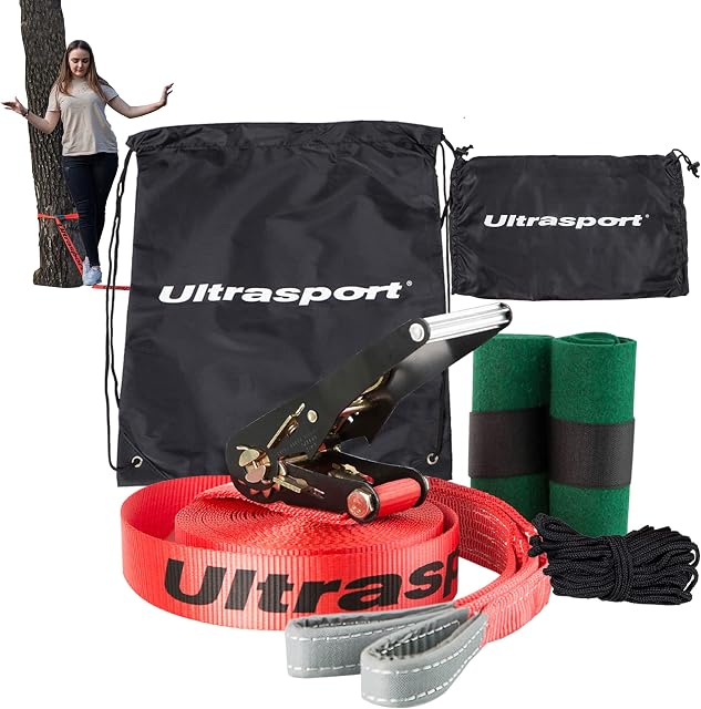 Ultrasport Slackline 15m-25m, with ratchet and transport bag, complete slackline set, available with and without tree protection, slackline set, fitness slackline, TÜV GS certified, children & adults