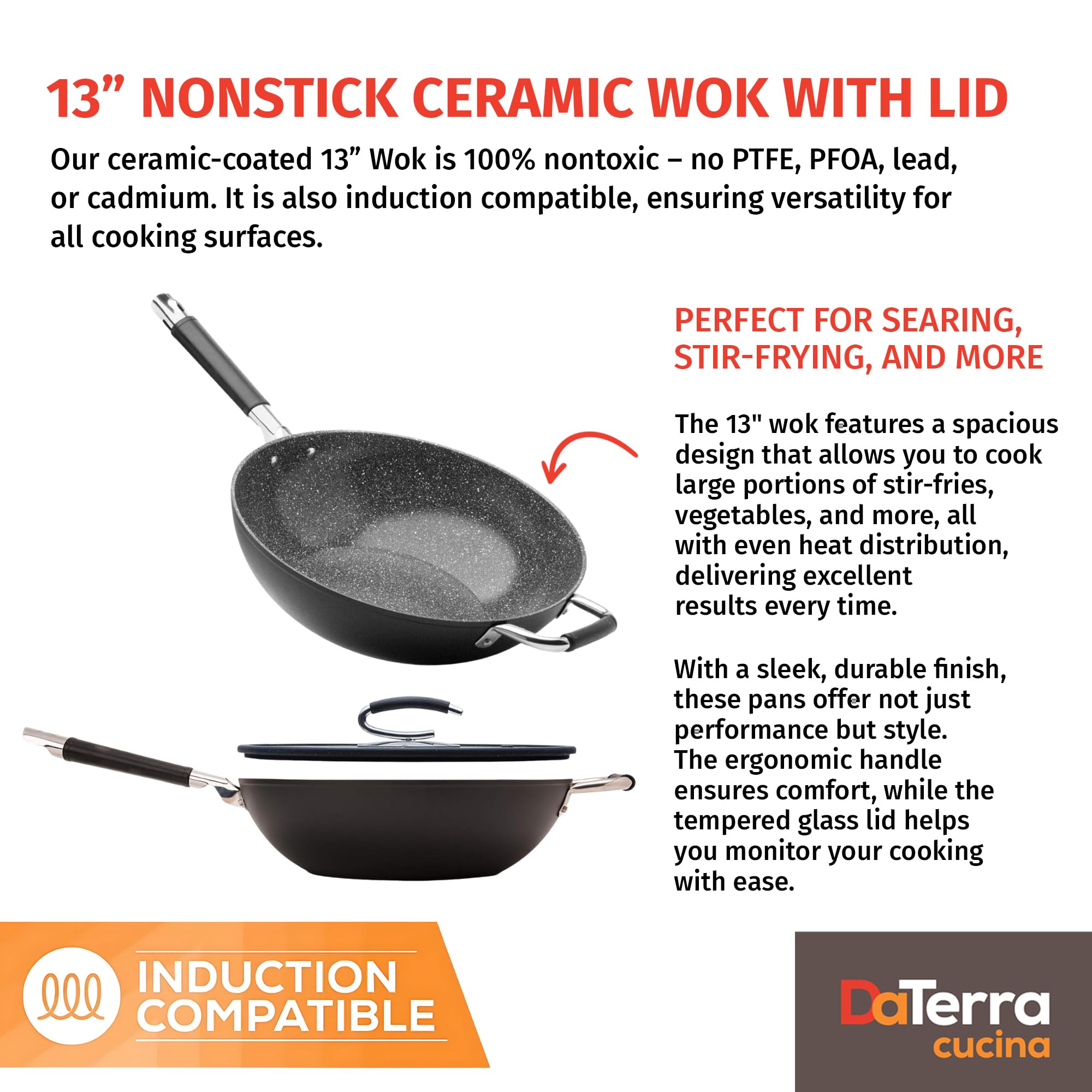 DaTerra Cucina - 33 cm Antihaft-Keramik-Wok mit Deckel, hergestellt in Italien, hochhitzebeständiges Antihaft-Kochgeschirr, ofen- und induktionsfest, PTFE-, Cadmium-, Blei- und PFOA-frei, vulkanisch
