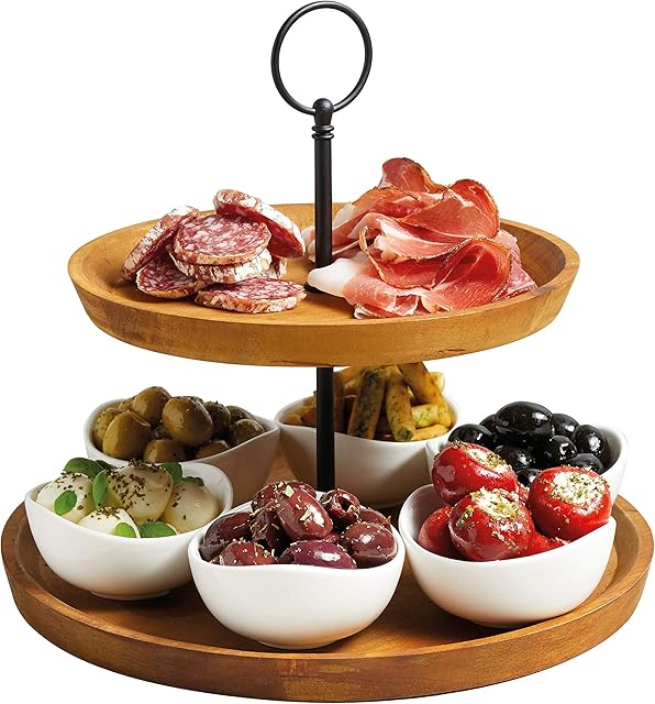 Artesà 2 Tier Tapas and Food Serving Stand, Food Display with 6 Mini Porcelain Bowls, Wooden and Hand Finished Cake Stand in Gift Box, 24 x 25cm, Brown & Black