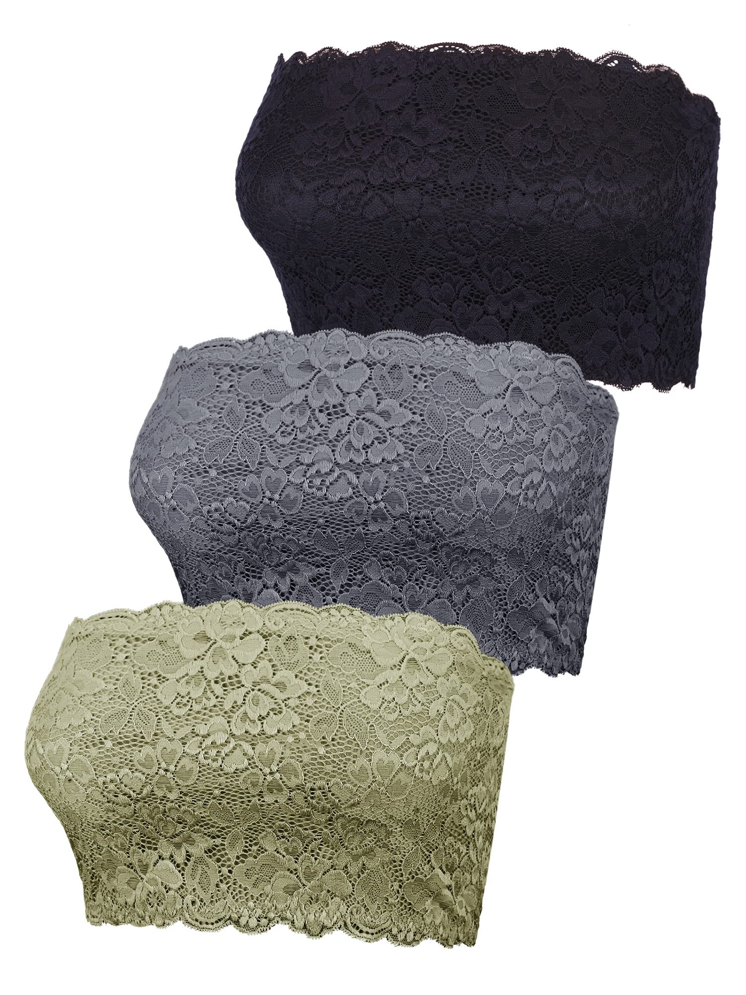 BOAO 3 Pieces Women's Floral Lace Tube Top Bra Bandeau Strapless Bras Seamless Stretchy Chest Wrap (Black, Dark Gray, Olive Green,Medium)