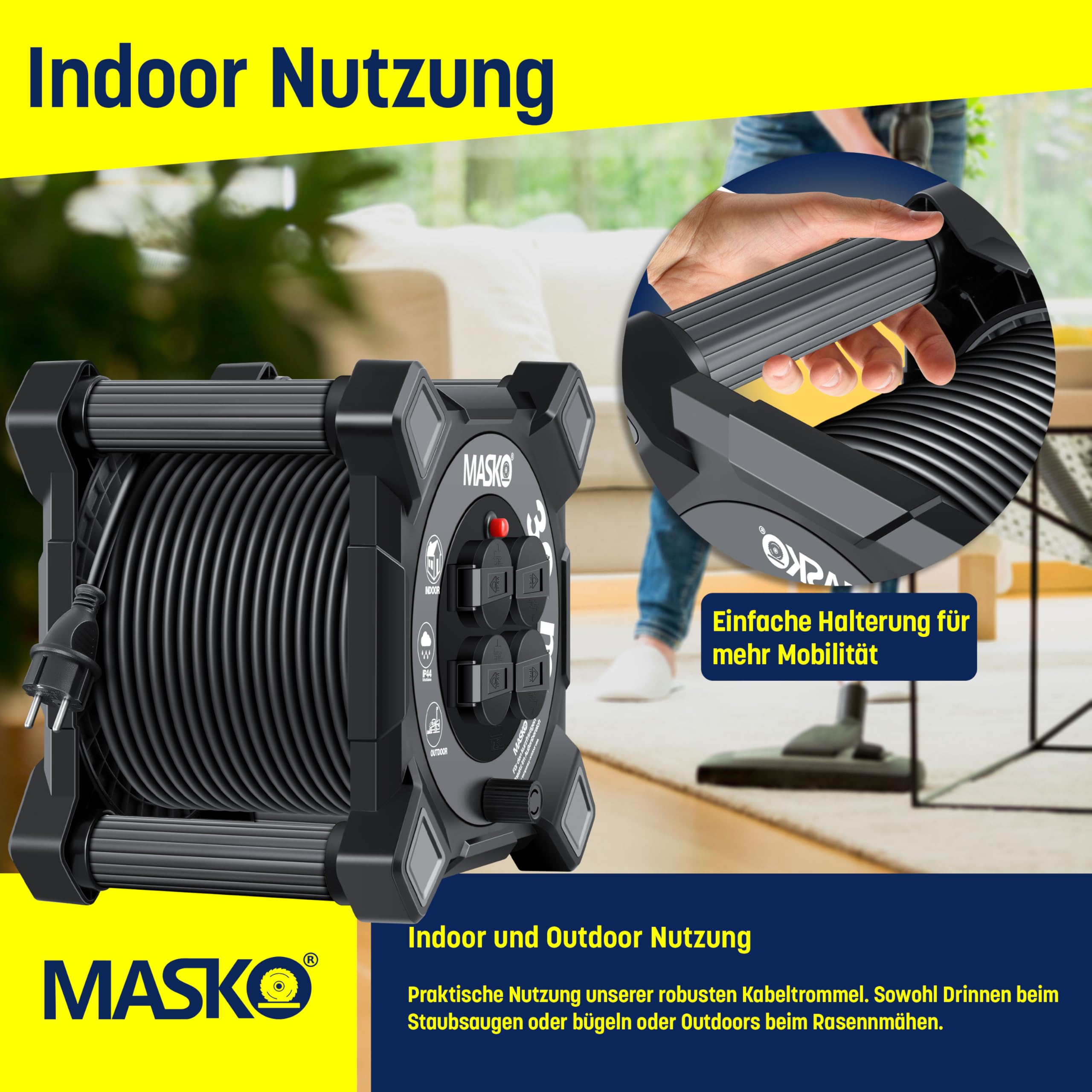 MASKO® Kabelhaspel 20 m, verlengkabel met geaarde stopcontacten en wikkelgreep, outdoor kabelhaspel thermobescherming, apparaattrommel IP44, 1000 W ~ 3000 W, inclusief draaggreep en