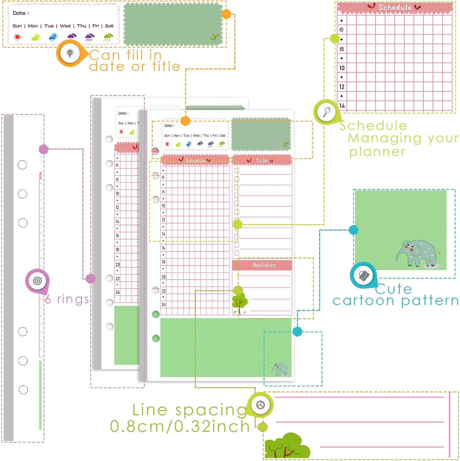 Rancco A6 Planner Inserts Daily Planner Refills, 90 Pages Colorful 6-Ring Loose-leaf Binder Inserts w/Divider, PVC Pouch, Ruler, Index Tab for Journal, Filofax, Double-sided, Undated,6.9x3.7" thumbnail