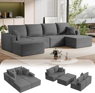 Homall 126" Modern Fabric Boneless Couch with Deep Seat, Sectional Couches for Living Room, Upholstered Cloud Sofa with 2 Ottoman, No Assembly Required (Dark Grey, U Shaped Sofa)