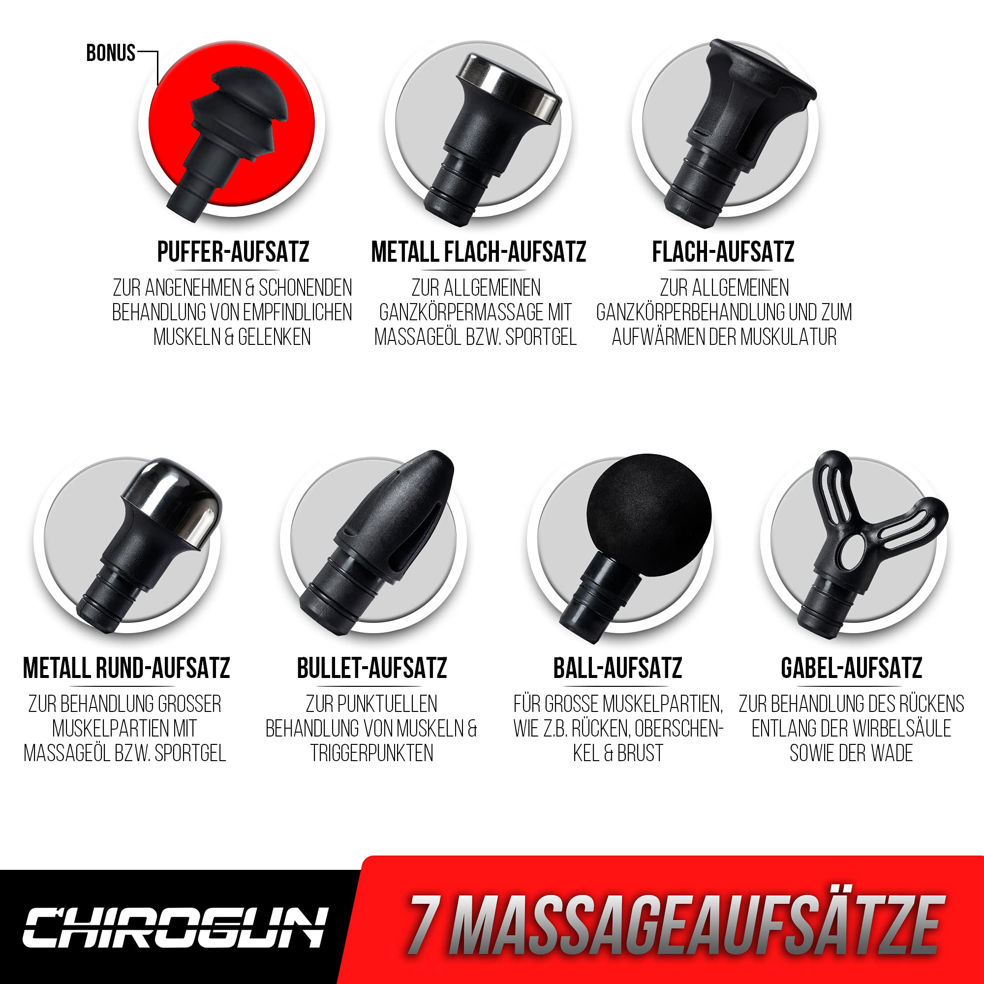 ONE Massagepistole - Elektrische Massage Gun mit 7 Aufsätzen, Premium Massage Pistole aus Edelstahl mit 6 optimalen Intensitätsstufen, Massagegerät Rücken Nacken Schulter Füße mit 7h Akku