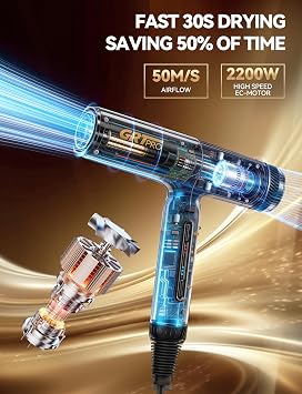 Professional Ionic Hair Dryer 2200W 100,000RPM, Travel Hair Dryer 320g 200 Million Ions, Professional Dryer with Diffuser 3 Speeds 4Temperatures for Travel Sports Women Men