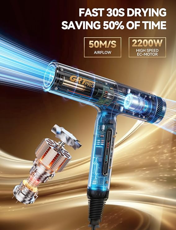 Professional Ionic Hair Dryer 2200W 100,000RPM, Travel Hair Dryer 320g 200 Million Ions, Professional Dryer with Diffuser 3 Speeds 4Temperatures for Travel Sports Women Men