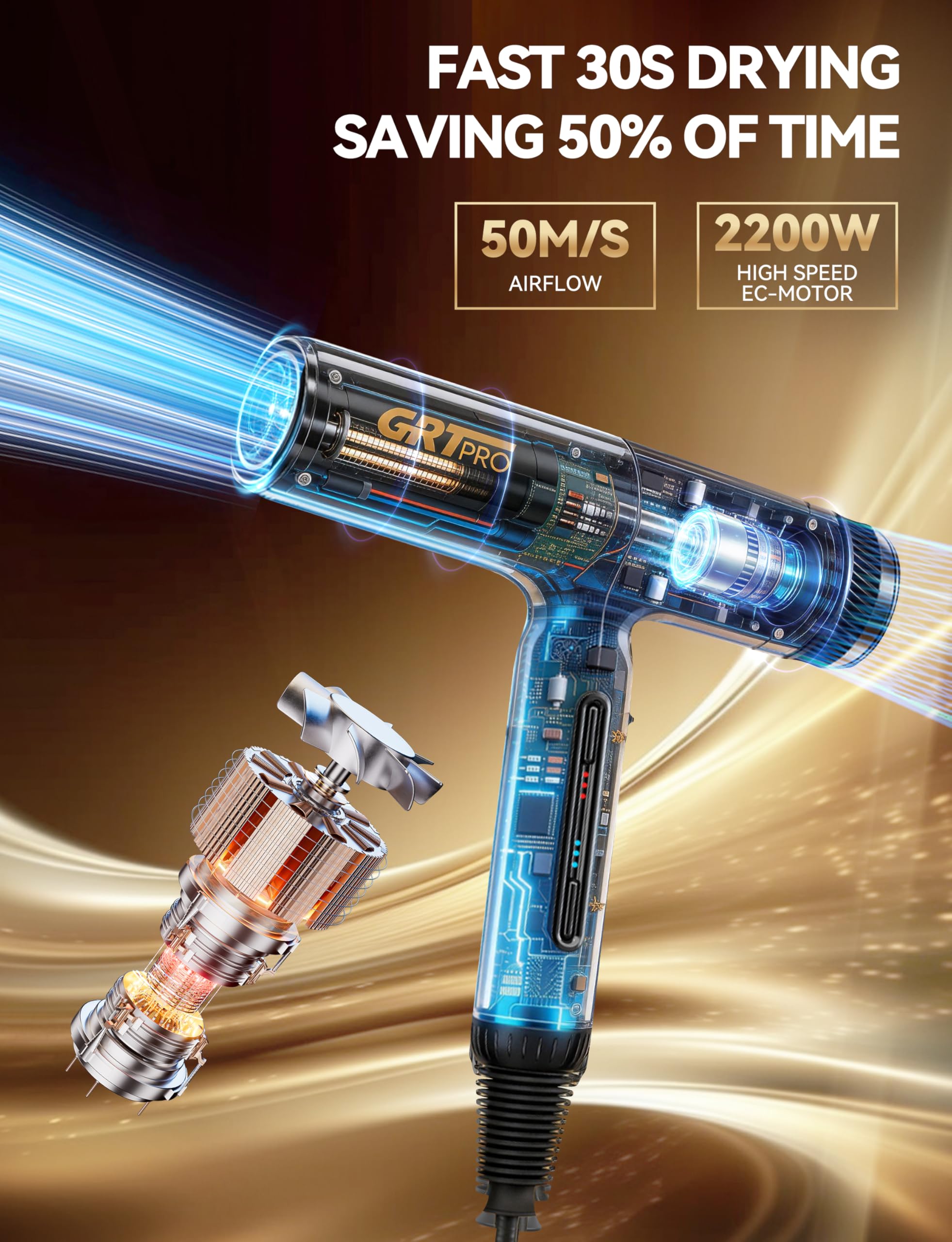 Seche Cheveux Professionnel 2200W Sèche Cheveux Ionique 200Millions D'ions Négatifs 100,000RPM 320g, Sèche-cheveux et accessoires, 4Températures et 3Vitesses pour les Familles