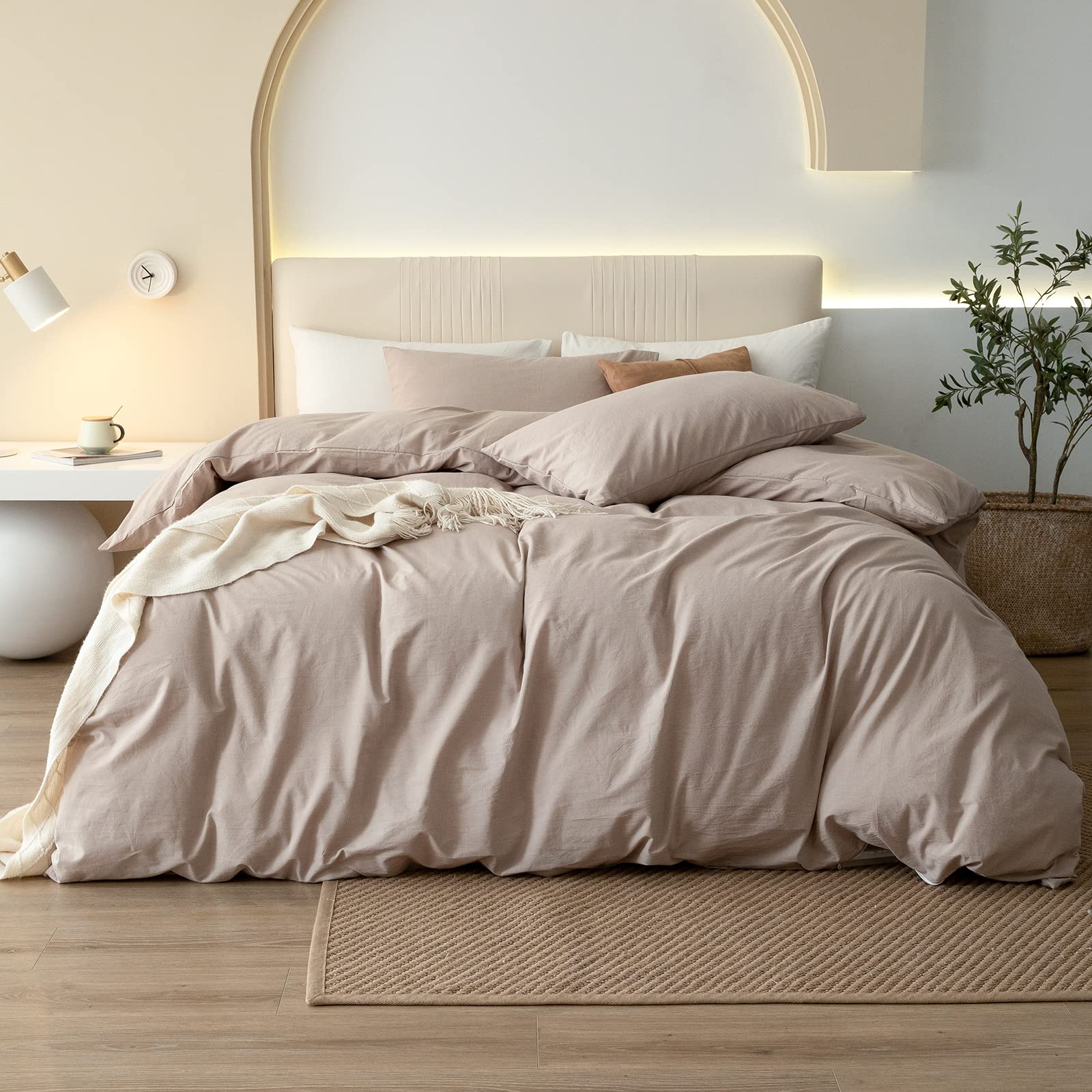 JIYUAN 100% Washed Cotton Duvet Cover Set Comfy Simple Style Solid Color Soft Breathable Textured Durable Linen Feel Bedding Sets for All Seasons Queen Size, Khaki