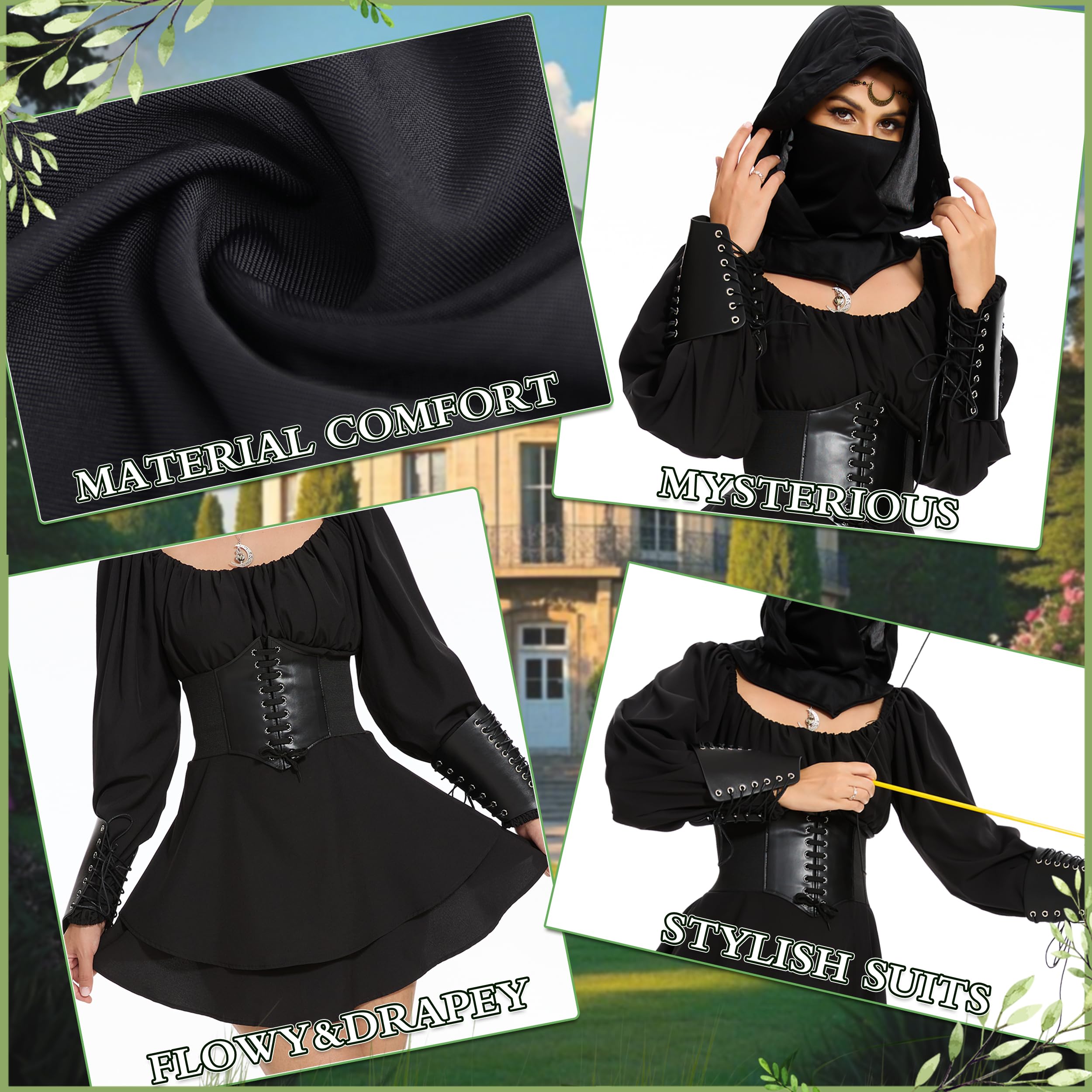 IEEILULU Vestido Medieval Mujer con Capucha, Vestido Gótico Retro Mujer, Disfraz Renacentista con Corsé, Orejas de Elfo para Carnaval Halloween Cosplay