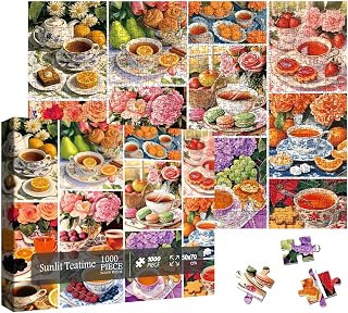 Teatime Food Collage Jigsaw Puzzle 1000 Piece for Adult, Beautiful Flower Candy Cookie Fruit Jigsaw Puzzles, Colorful Art Aesthetic Puzzle