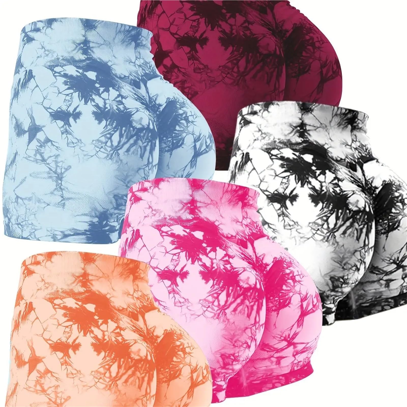 Short Sport Femme Lot de 5 Shorts Cyclistes Taille Haute tie-Dye for Femme - Tissu Nylon Extensible, évacuant l'humidité et à séchage Rapide(Multicolor 3,S)