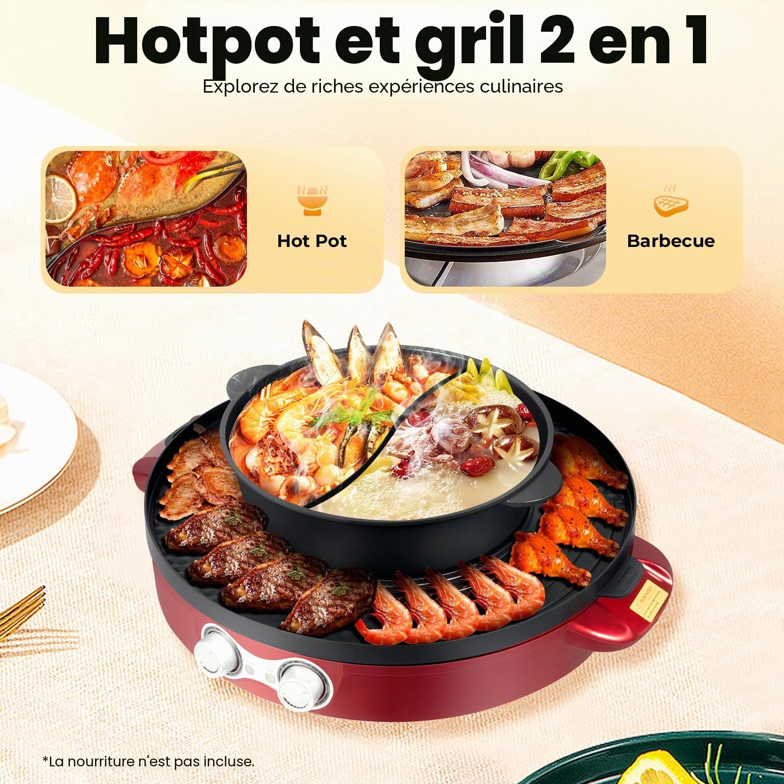 Hot Pot Poêle électrique 2200 W avec grille et séparateur multifonction 2 côtés antiadhésif et grille de table 2 en 1 pour 2 à 8 personnes Rouge 52 x 18,5 cm