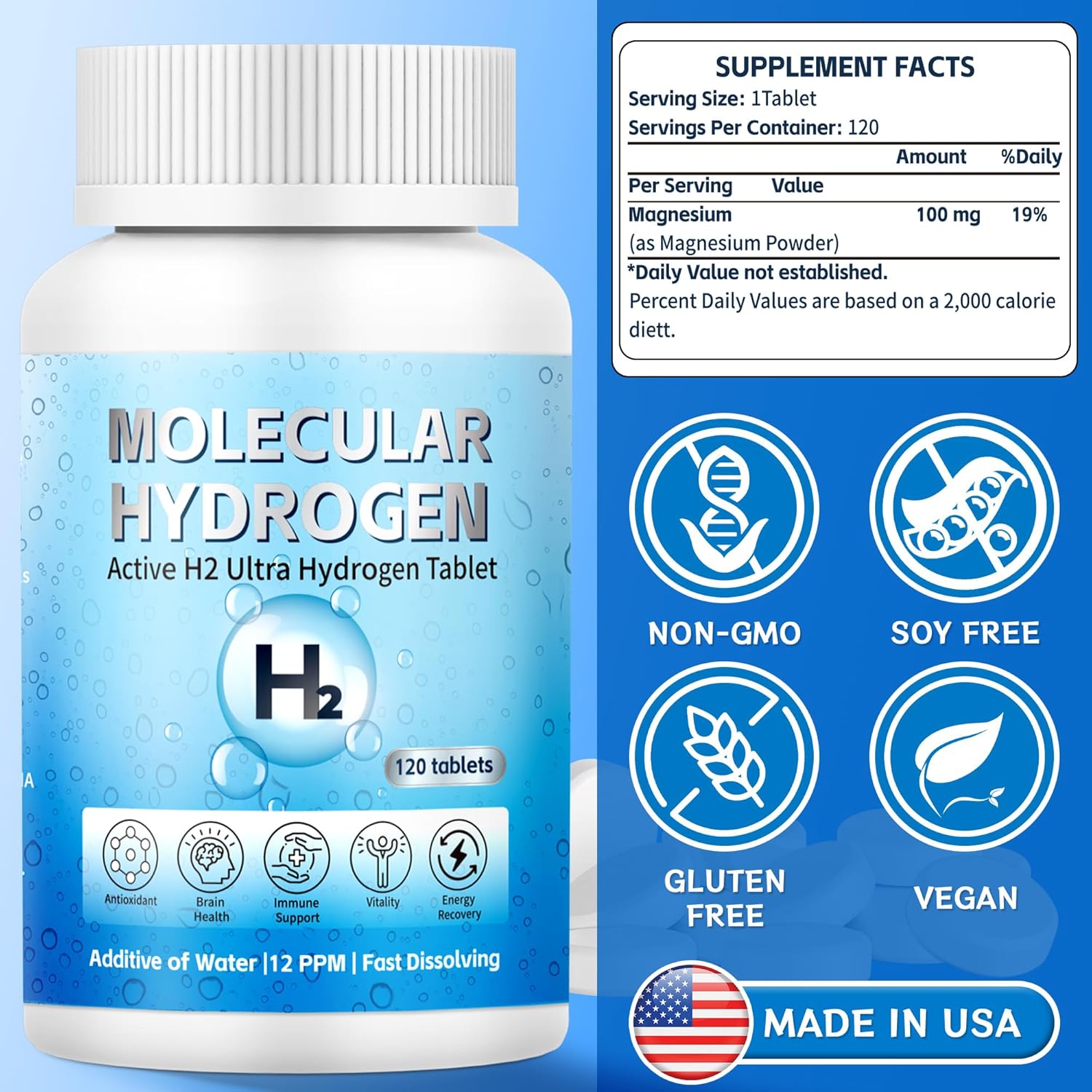 Hydrogen Water Tablets with Magnesium - 12 PPM H2 Molecular Hydrogen Tablets for Drinking Water, Fast-Dissolving, Antioxidant Support for Cellular Vitality, Energy Recovery, Non-GMO, 120 Count - Image 6