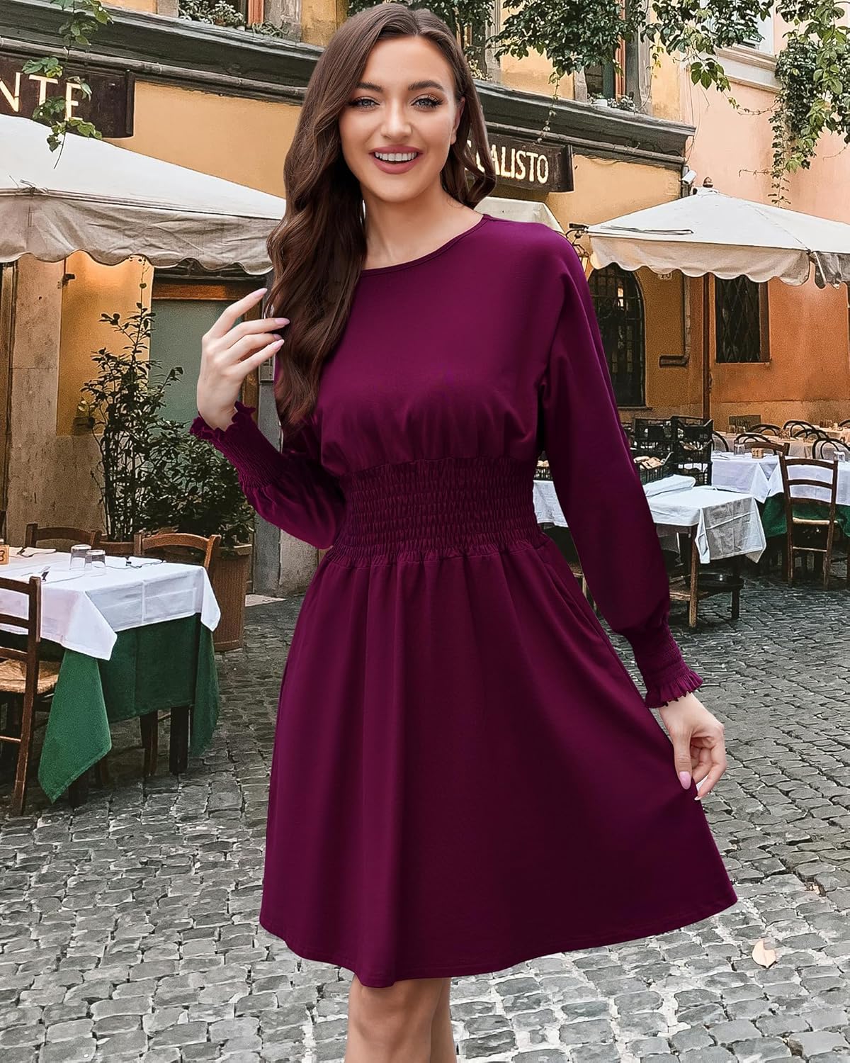 Women's Summer Long Sleeve Casual Dresses with Pockets Smocked Ruched Empire Waist Knee Length Dress Beach Sundress - Image 2