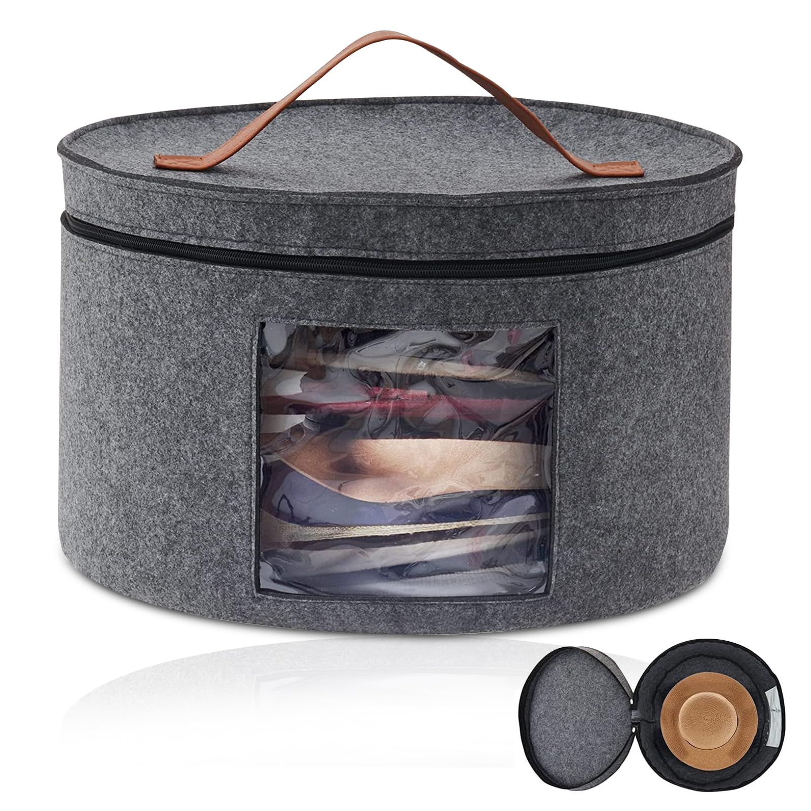 Hat Boxes with Lids, 43 x 25.5 cm Round Hat Storage Box, Large Felt Hats Box, Foldable Travel Hats Boxes Storage Bin Bag Case Organizer with Transparent Window and Handle Zip for Clothes, Toys (Black)
