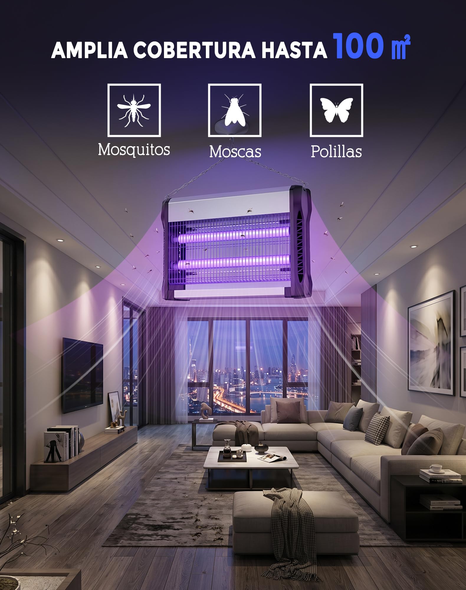 Matamoscas Eléctrica 20W, Lámpara Antimosquitos de 2500V, Mata Insectos, Cobertura 100㎡, Destructor de Moscas Silencioso, Material Ignífugo V0 para Interior, Hogar, Cocina, Oficina y Dormitorio