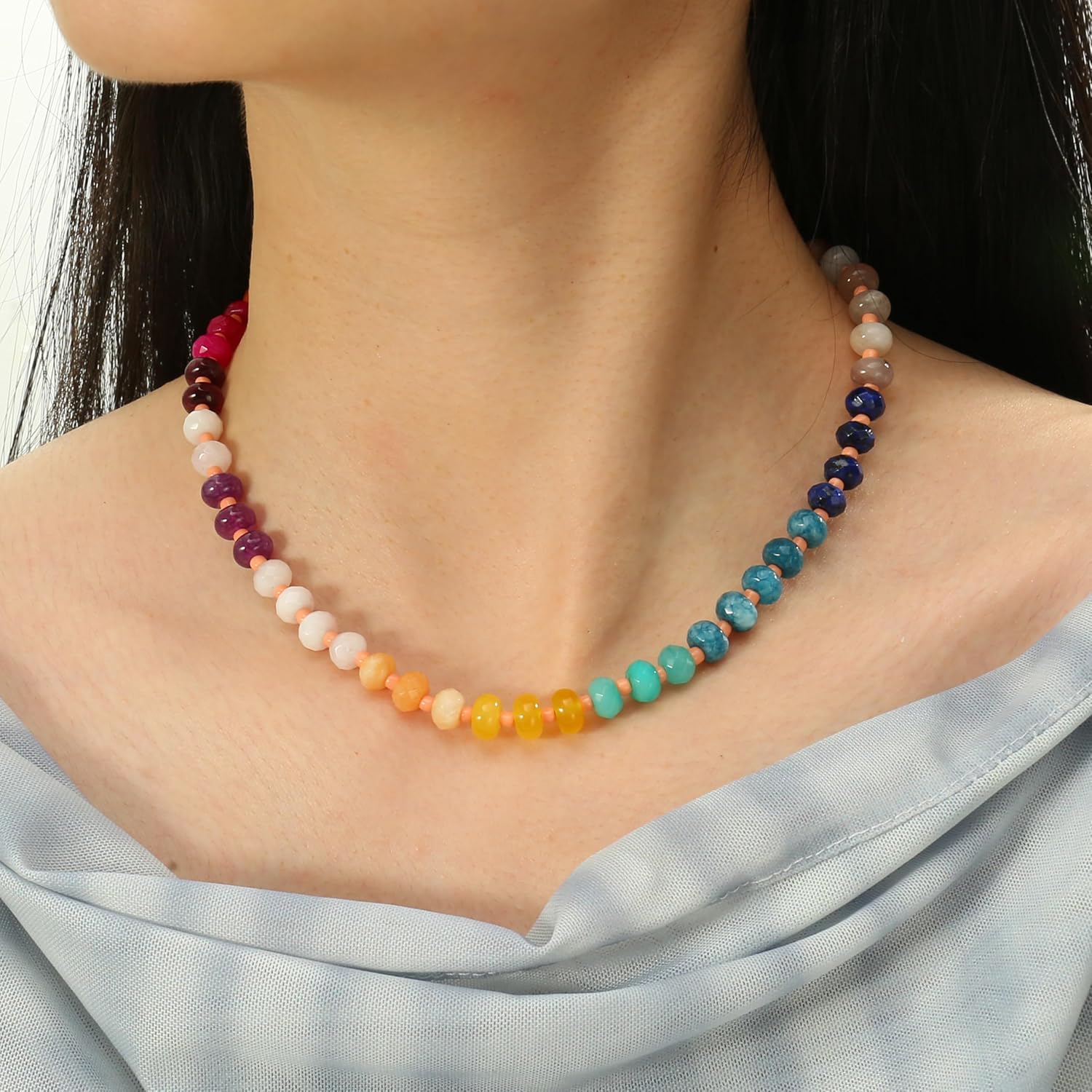 Gemstone Beaded Necklace for Women Colorful Natural Stone Freshwater Pearl Surfer Beach Rainbow Necklace Jewelry Gift - Image 6
