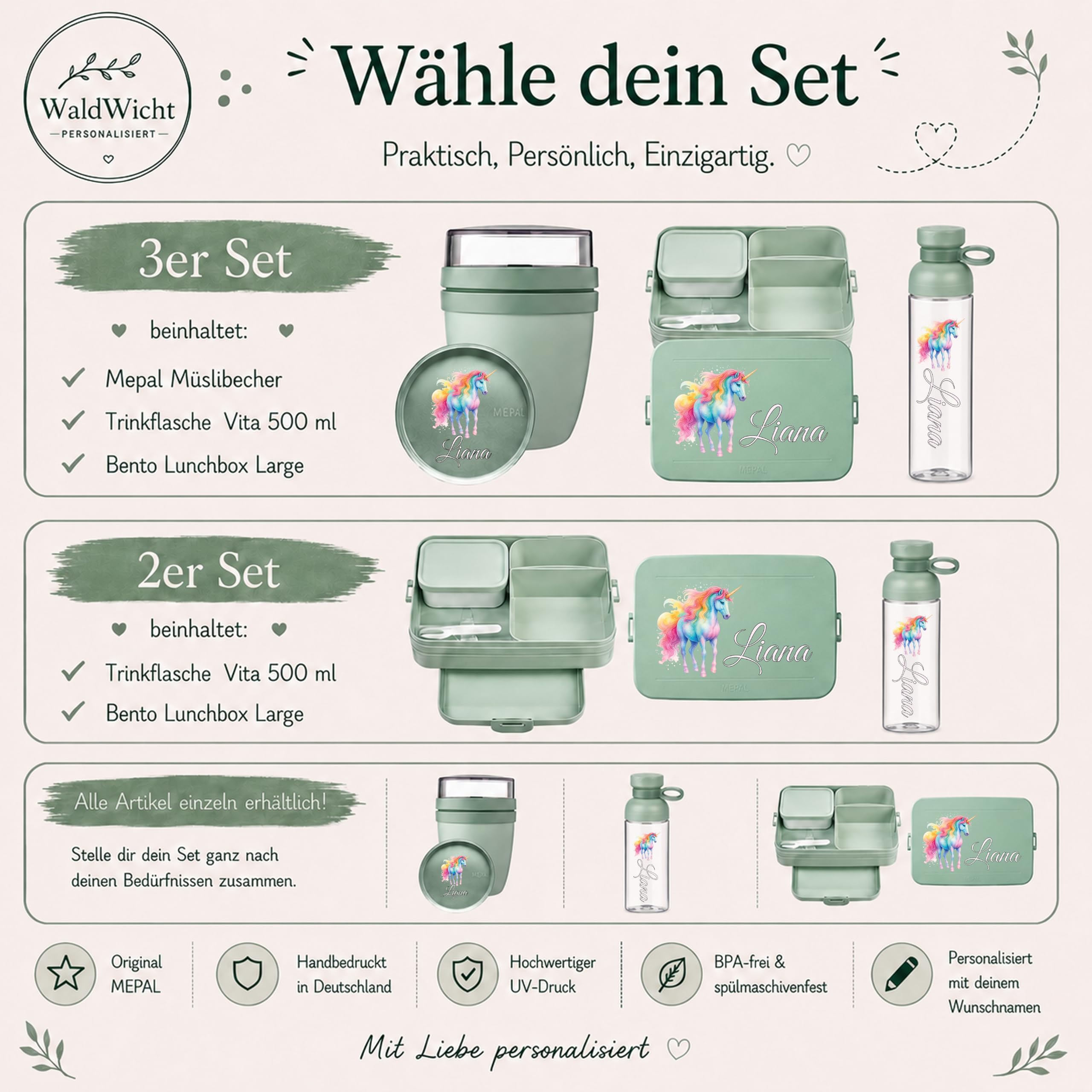 Mepal Personalisierte Brotdose Trinkflasche | Regenbogen Einhorn Mädchen