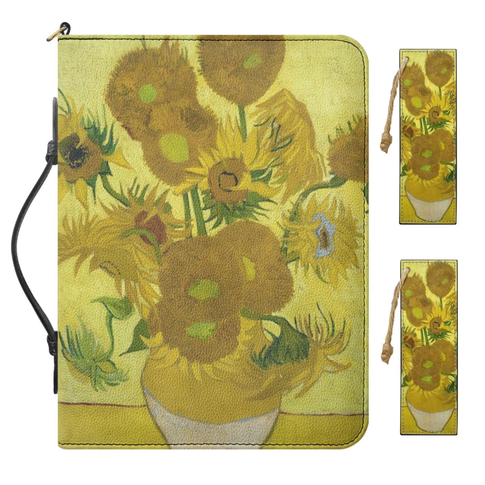 Buxolandt 2026 PU Leather Bible Cover for Men, Comes with 2 Leather Bookmarks Built-in Pocket Pen Slots, Sunflower Church Bag with Handle, Oil Painting Works Print Personalized Bible Case