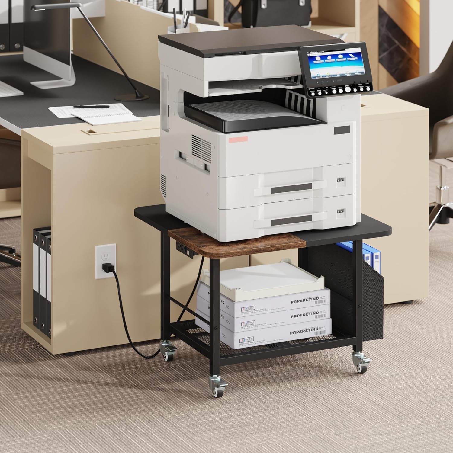 YAOHUOO 23.6"×23.6" Large Priner Stand with Power Outlet, Printer Table with Storage Side Pocket, Heavy Duty Rolling Cart for Home Office 3D Printer/Laser/Heat Press Table, Rustic Brown