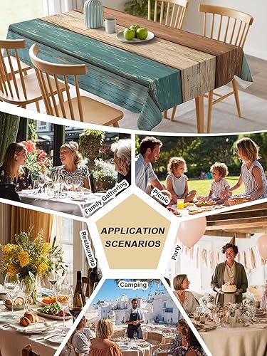 Miniatura 9 de Mantel turquesa verde azulado impermeable a prueba de aceite, mantel cuadrado de madera retro verde y marrón para exteriores, mantel para mesa de