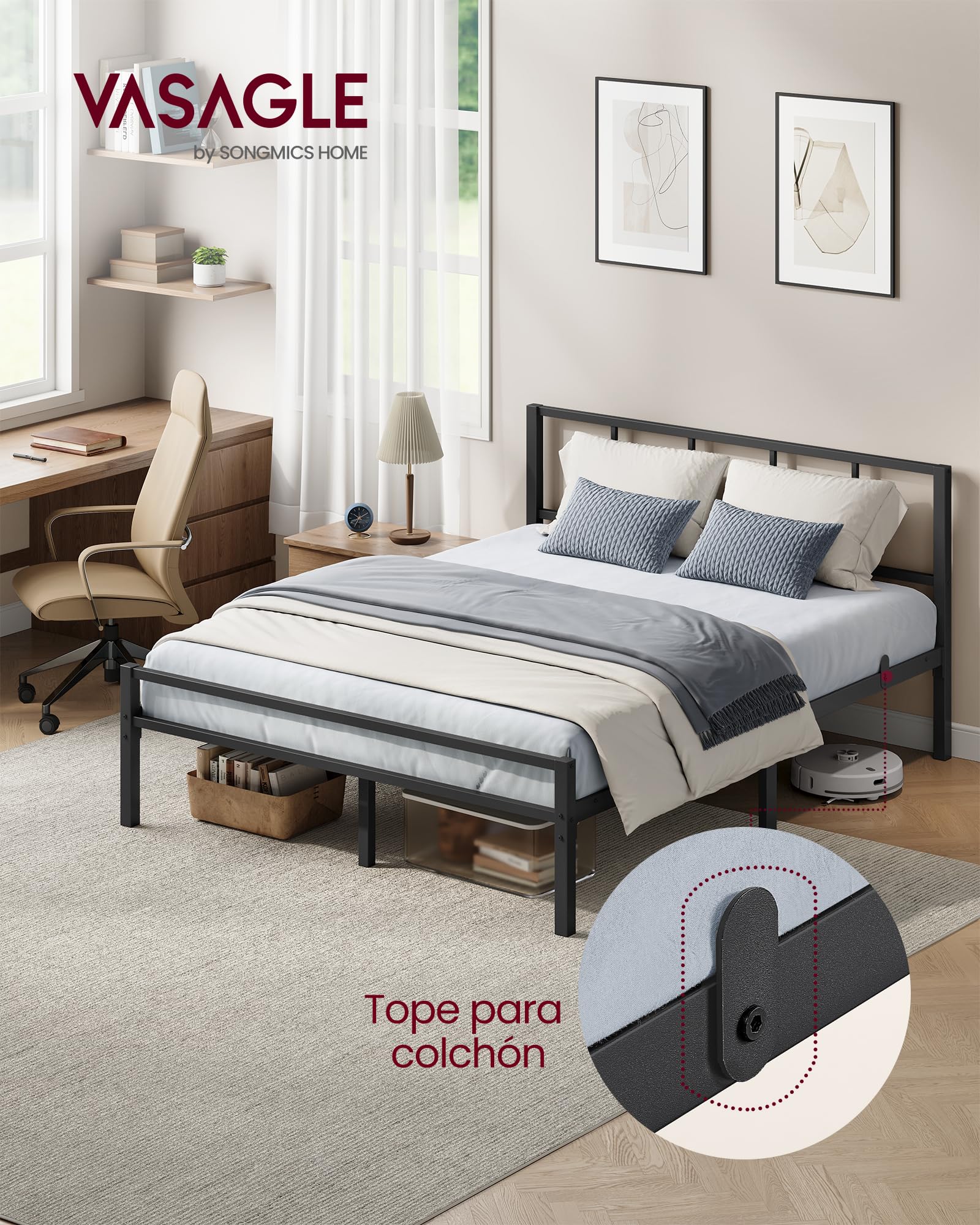 VASAGLE Cama de Matrimonio, 135 x 190 cm, Cabecero, Marco de Metal, Carga de 500 kg, Montaje Fácil, para Dormitorio, Negro Tinta RMB296B101