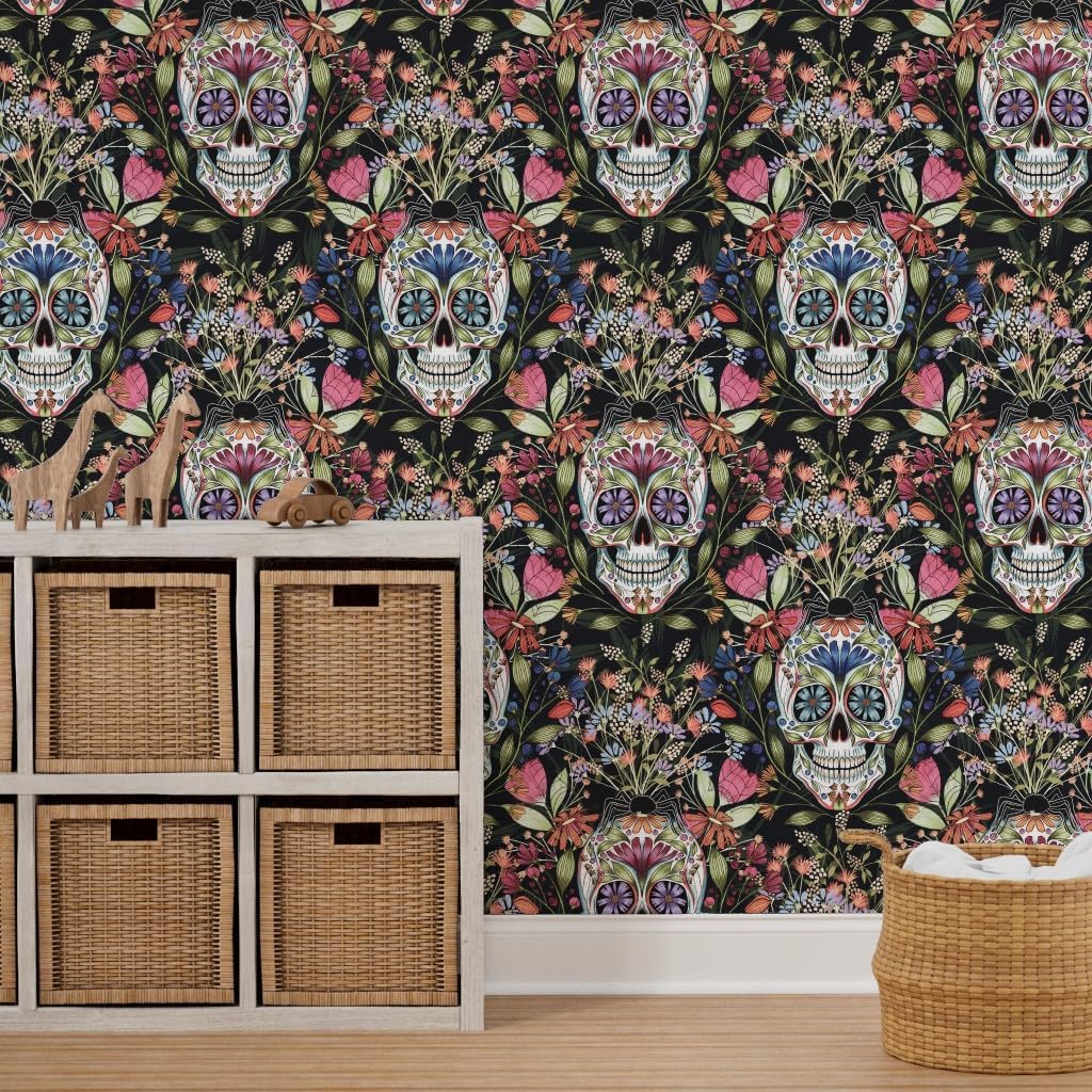 Spoonflower Peel & Stick Wallpaper 3ft x 2ft - Spooky Elegance Floral Skull Illustration Halloween Sugar La Dia De Los Muertos Custom Removable Wallpaper